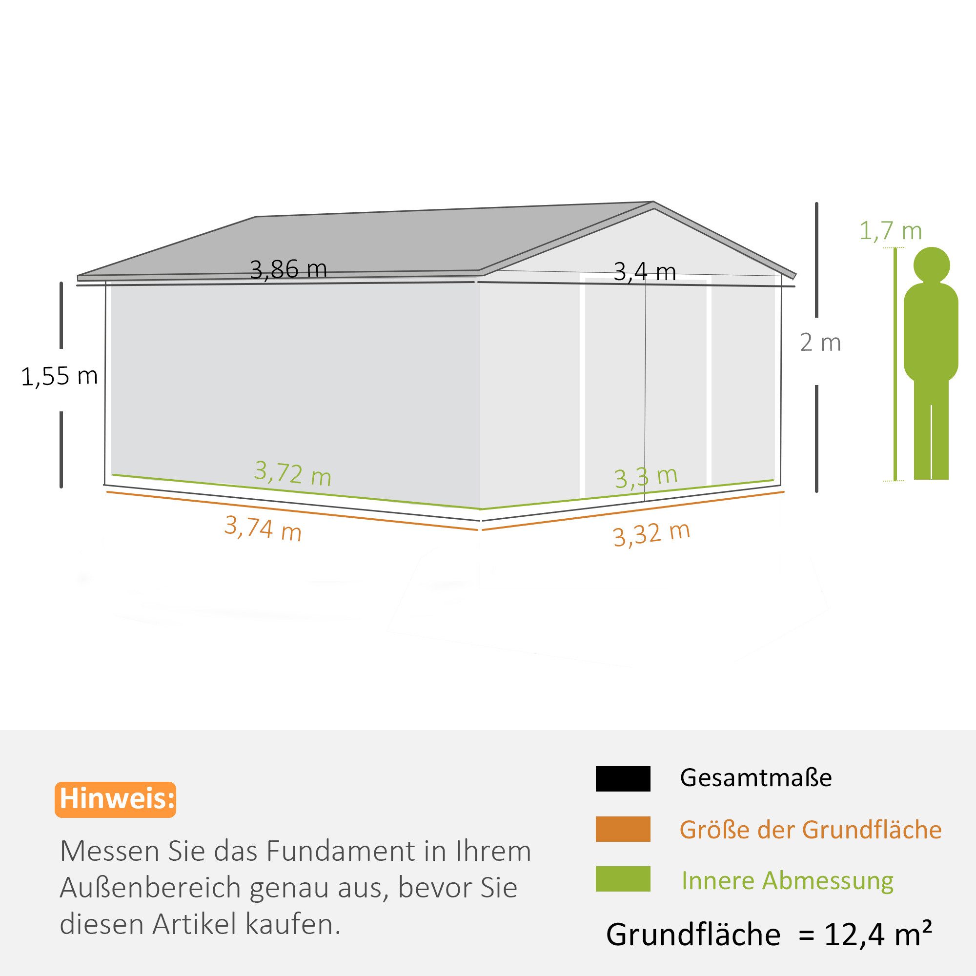 Outsunny Gerätehaus 12,4 m², mit Pultdach, Schiebetür, Fundament, BxT: 340x386 cm, (Gartenhaus, 1 St., Geräteschuppen aus Verzinkter Stahl), wetterfest, für Garten, Hellgrau