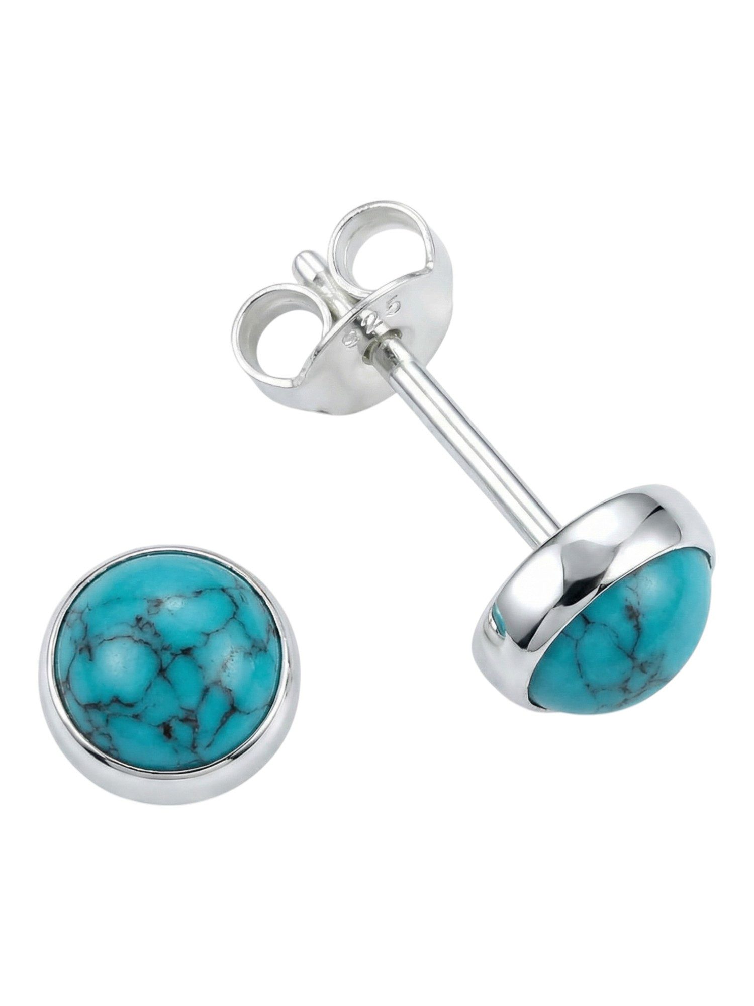 mantraroma Paar Ohrstecker SAMA rund klein aus 925 Silber mit Türkis (Paar, Paar Ohrringe mit Schmuckbeutel), 925 Sterling Silber Ohrringe für Damen