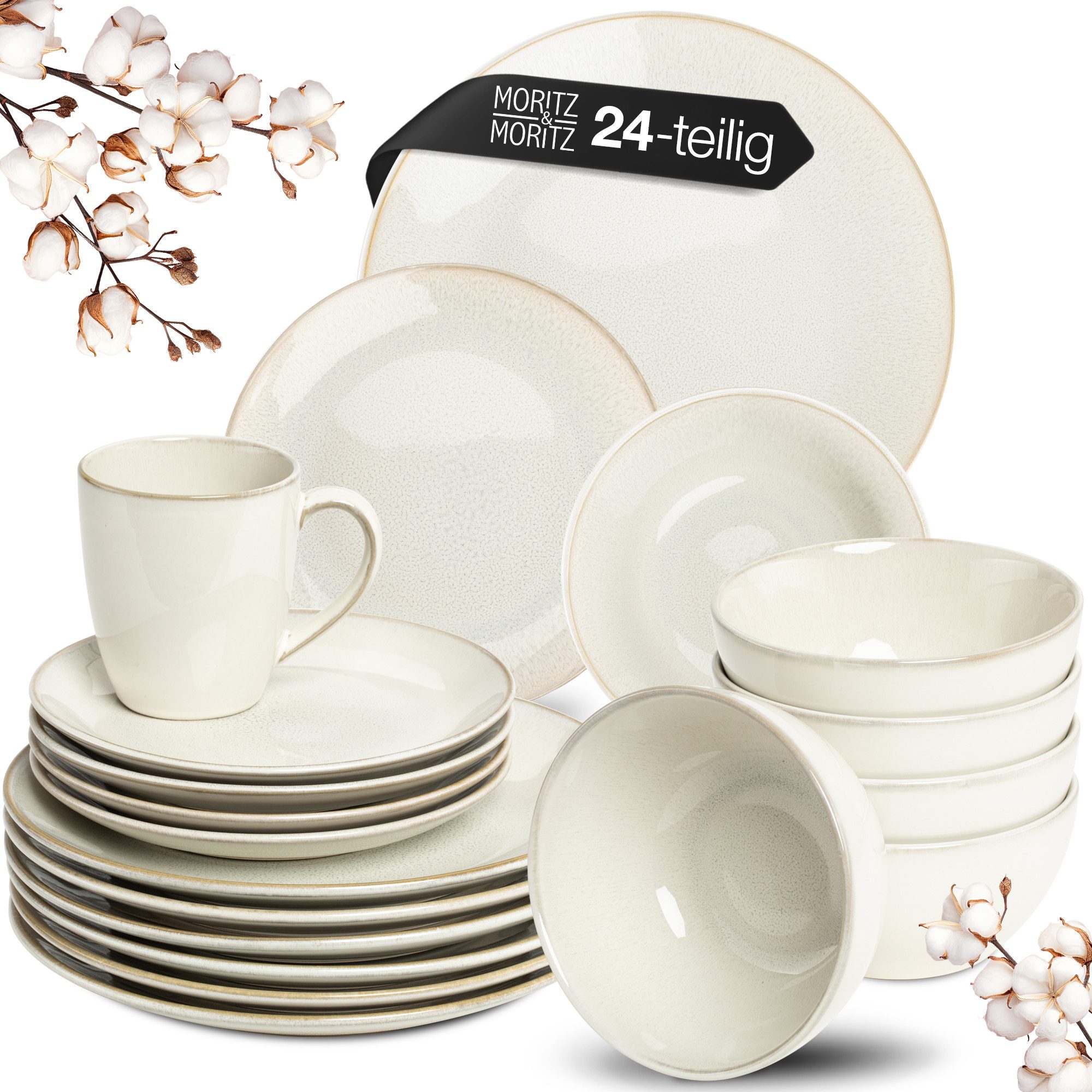 Moritz & Moritz Tafelservice SENSE beige Geschirrset (24-tlg), 6 Personen, Steingut, Kombigeschirr für 6 Personen