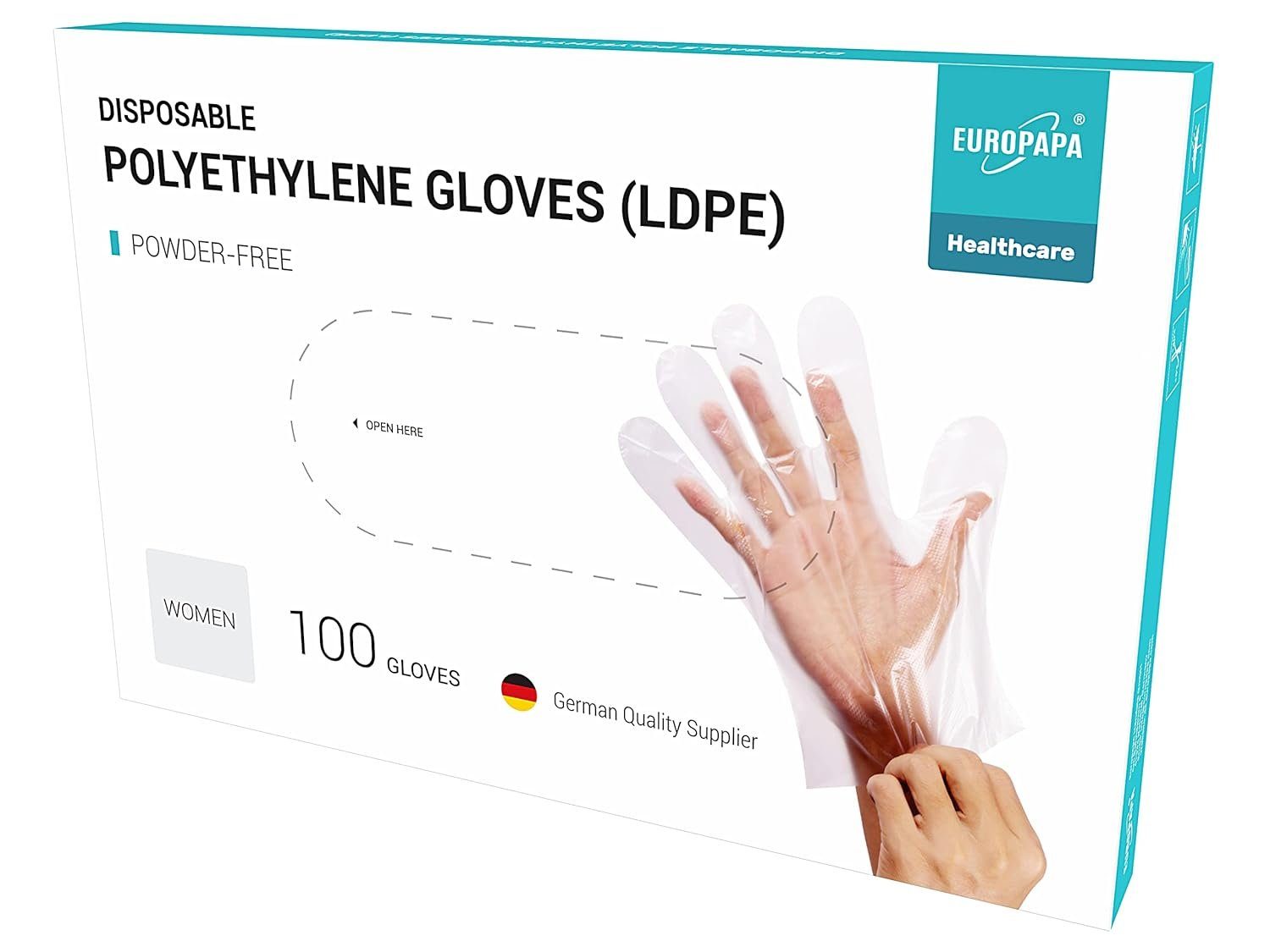 EUROPAPA Einweghandschuhe Vorteilspack LDPE Einweghandschuhe in Box (Einmalhandschuhe) latexfrei puderfrei Handschuhe in Damen Größe Herren Größe