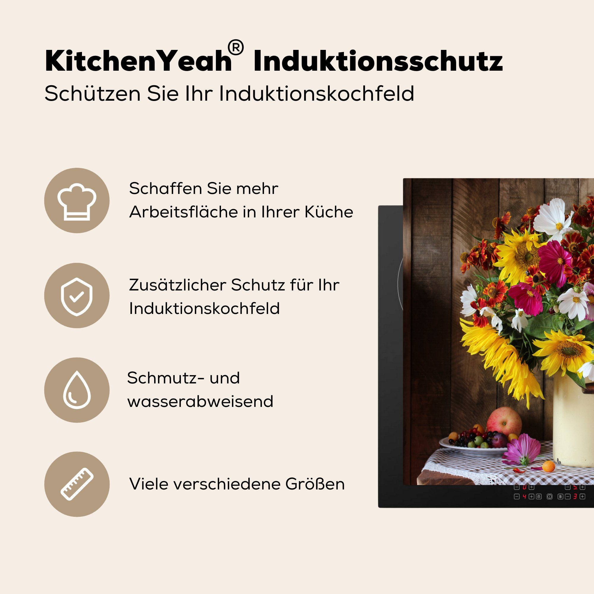 (1 Induktionsmatte - tlg), Stilleben, MuchoWow Blumen für - cm, Ceranfeldabdeckung Vinyl, die 59x52 küche, Herdblende-/Abdeckplatte Farben