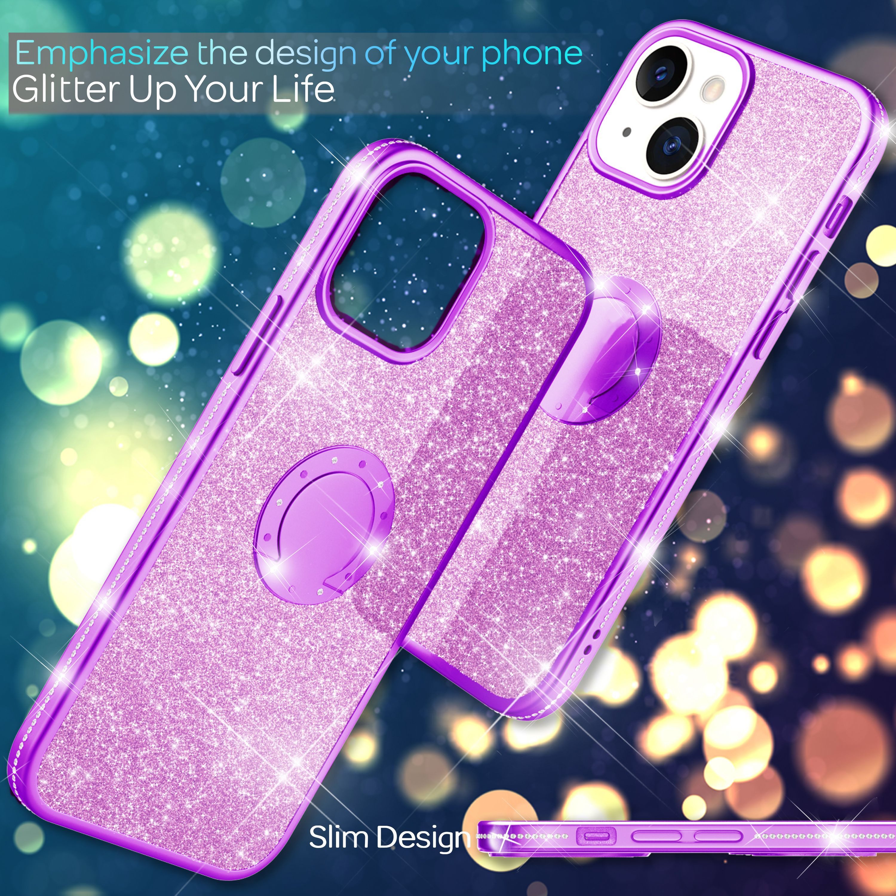 Nalia Smartphone-Hülle Apple iPhone 13 15,5 cm (6,1 Zoll), Glitzer Ring Silikon Hülle / 360 Grad Finger-Halter / Standfunktion