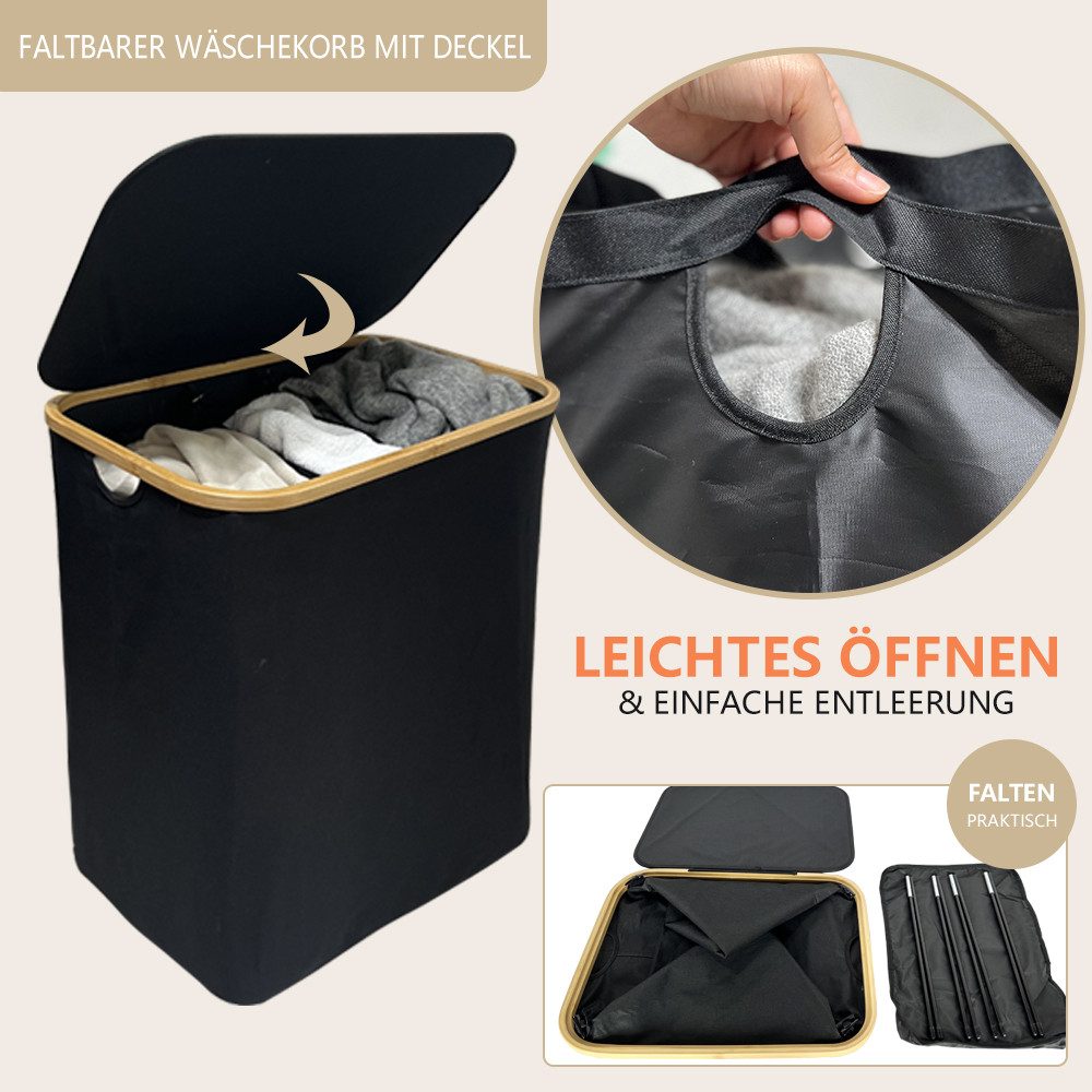 WAOHO Wäschekorb Zusammenklappbarer Wäschekorb mit Deckel, 3 Fächer, Wäschesäcke, 160L