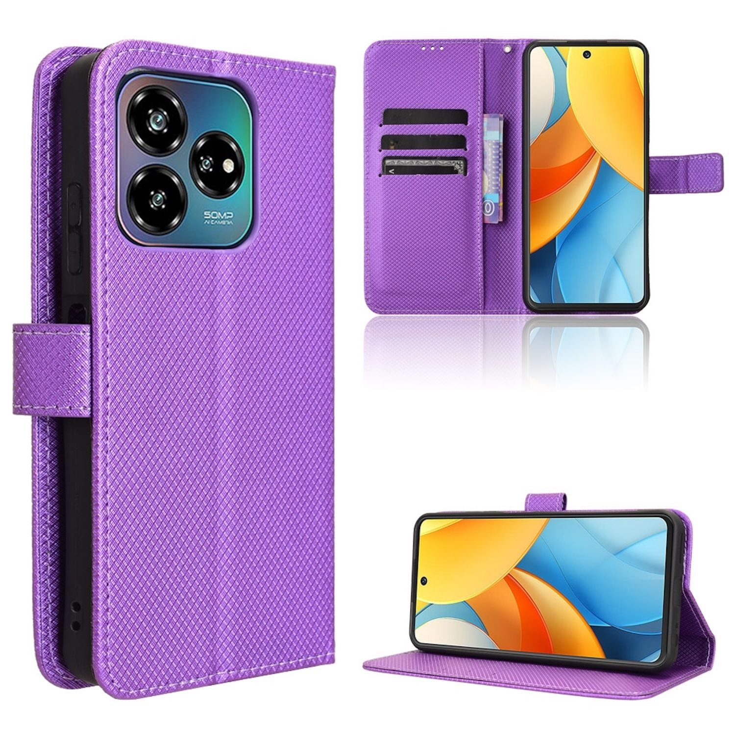 Wigento Smartphone-Hülle Für ZTE Blade V60 Vita / Axon 60 Lite Design Kunst Leder Hülle Lila, Diamantstruktur PU-Lederhülle mit Kartenfächern und Standfunktion
