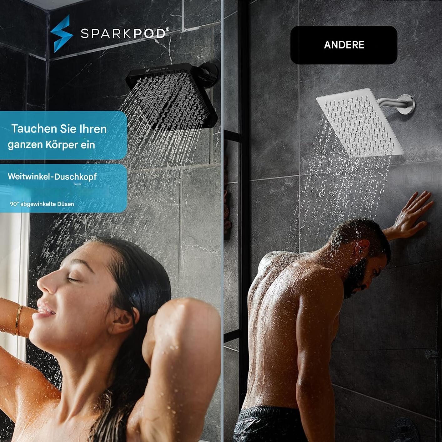 sparkpod Regenduschkopf XXL Regenduschkopf Hochdruck – Luxus Wellness-Dusche für Zuhause, (Luxus-Regenduschkopf mit Universalanschluss und Hochdruck-Wasserfluss, 5-tlg., Hochdruck-Duschkopf Anti-Kalk-Düsen, wassersparend leicht zu reinigen), Hochdruck-Regenduschkopf mit 90 düsen intensives Duscherlebnis