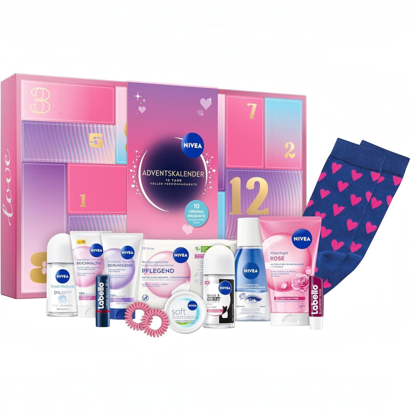 Nivea Kosmetik-Adventskalender Teen 2026 – 12 Türchen NIVEA- & Labello-Pflege für Gesicht & Lippen (Set, 12-tlg)