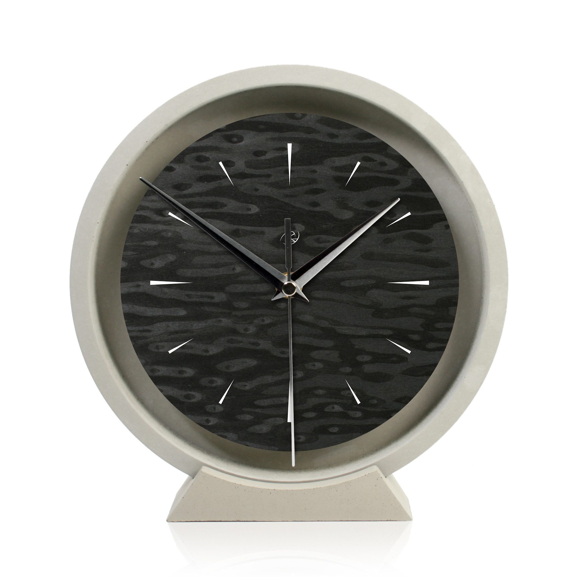 Kreative Feder Standuhr Tischuhr aus Beton im Industrial Look mit exklusivem Echtholzdekor, Minimalistische Deko-Uhr mit flüsterleisem Uhrwerk (Funk o. Quarz)