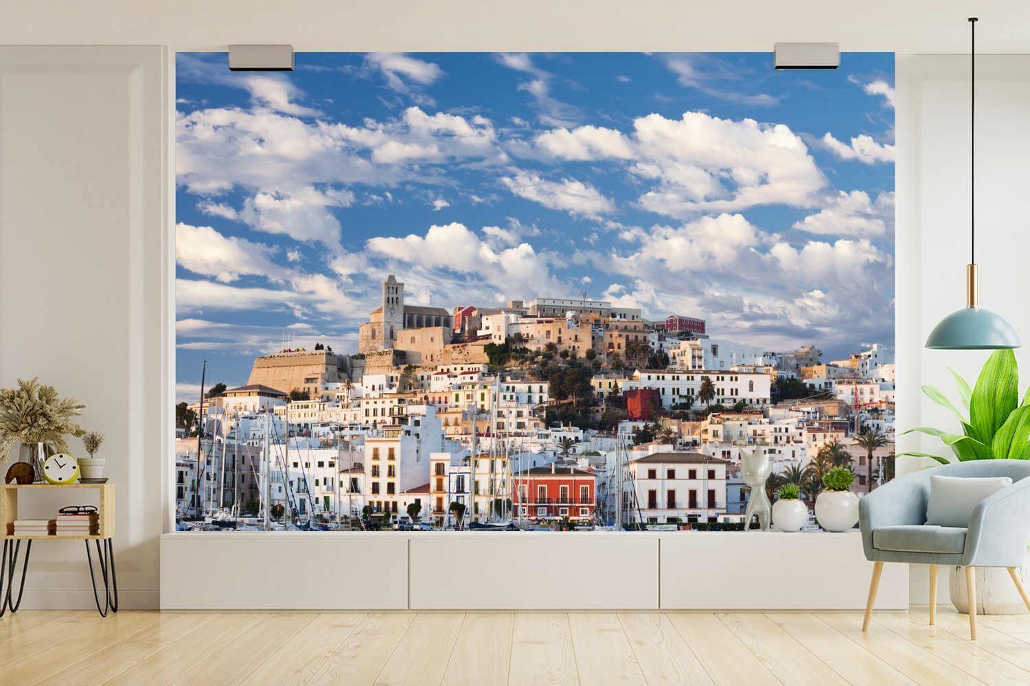 MuchoWow Fototapete Ibiza-Stadt bei Tapete Kinderzimmer, Wallpaper Matt, für bedruckt, Schlafzimmer, Vinyl Sonnenaufgang, (6 St), Wohnzimmer