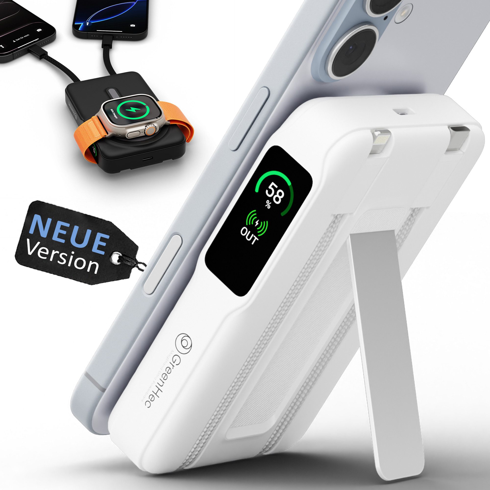 GreenHec MagSafe Powerbank iPhone 17 16 15 14 13 12 11 Magnet Wireless 10000mAh Powerbank MagStand Ultra Powerbank A 10000 mAh (1.5 V), 15w Induktives Laden Pro Max Air Plus Akku Battery Charging mit Stand