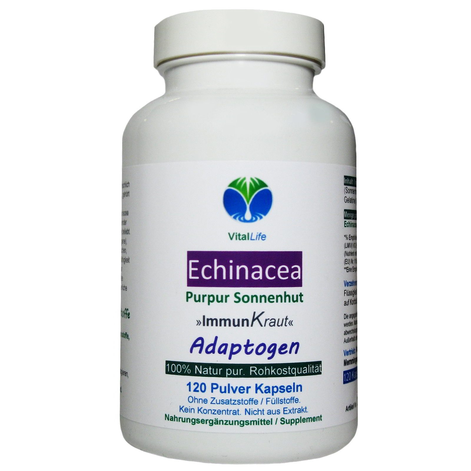 VitalLife Echinacea Purpurea Sonnenhut Kraut + Wurzel - Ohne Zusätze - Kapseln, 1 er Dose à 120 St., 68,4 g, Art. 27020-120