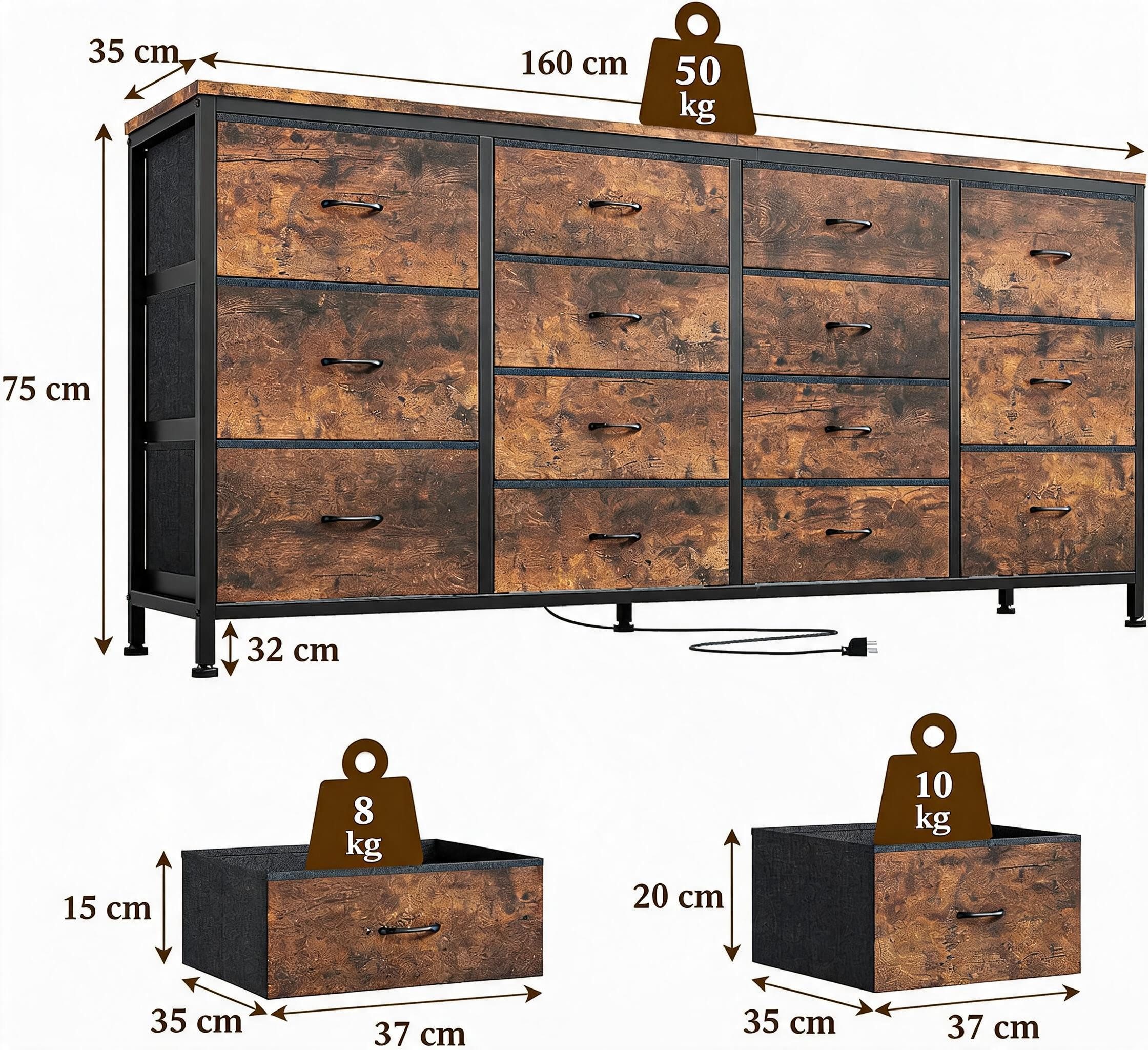 GarveeMore TV-Bank 160cm TV-Schrank mit 14 Schubladen, Steckdosen Holzmaserung