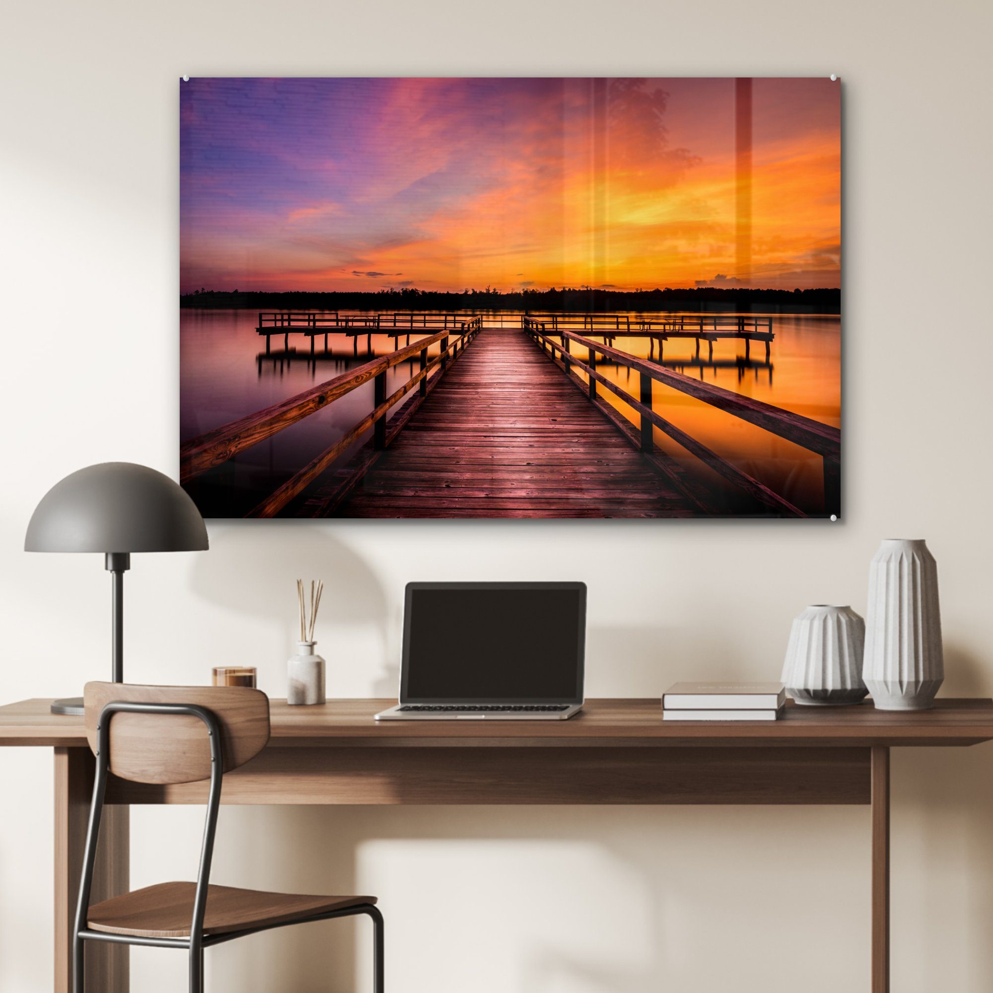 MuchoWow Acrylglasbild Sonnenuntergang & Acrylglasbilder Steg Wohnzimmer - - Gold, Schlafzimmer St), (1