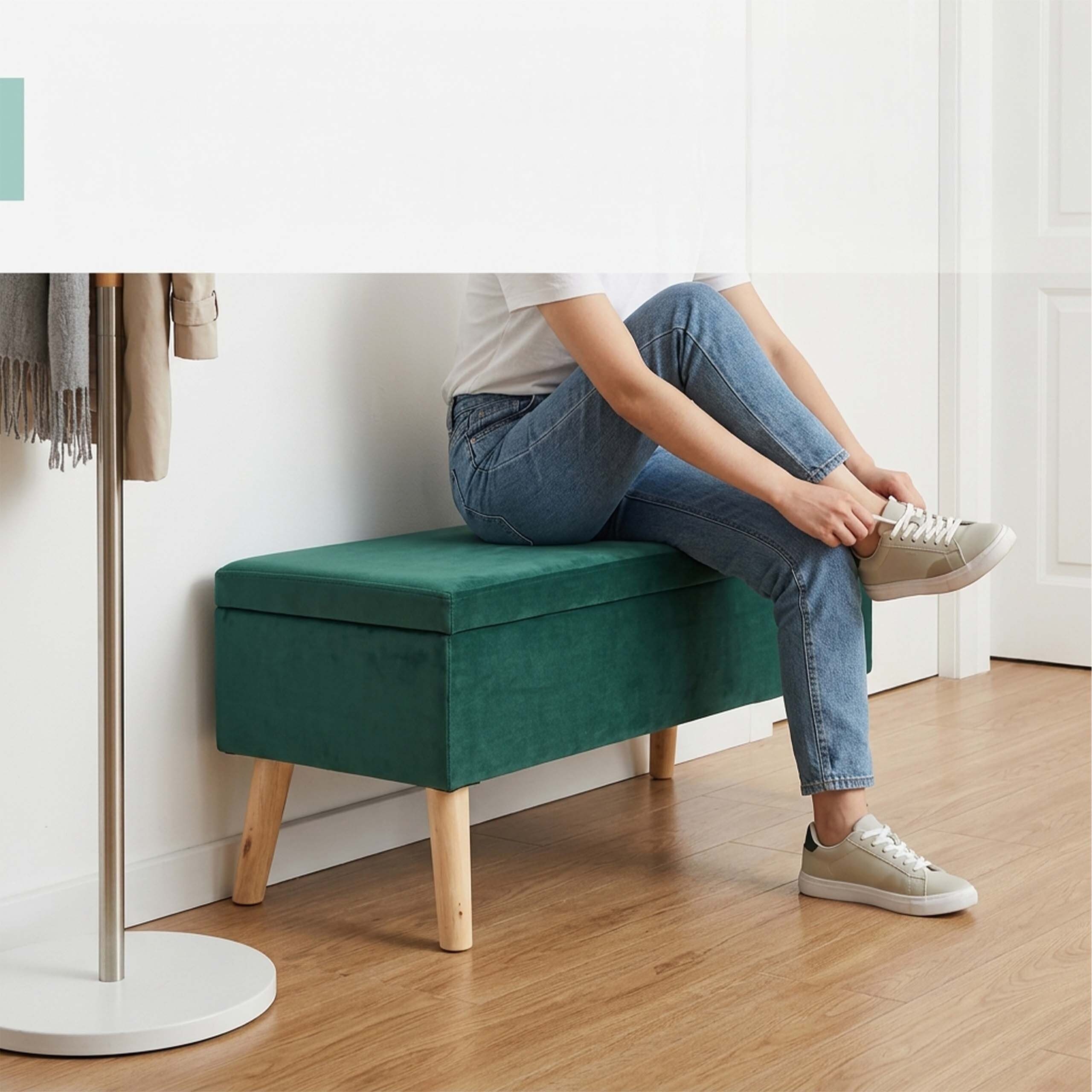 relaxdays Sitzbank Samt Sitzbank mit Stauraum, Dunkelgrün