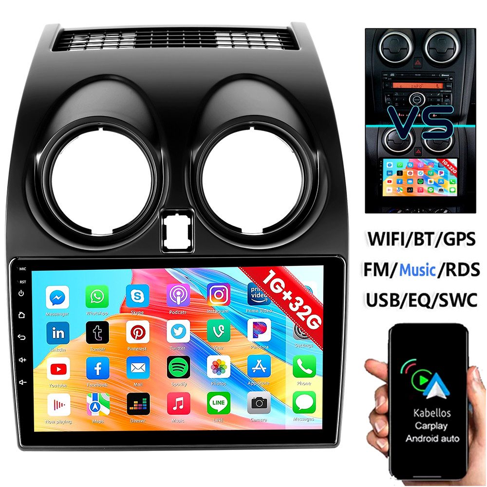 ESSGOO DAB+ Carplay Für Nissan Qashqai J10 2007-2015 GPS Navi Android 15 RDS Autoradio (4+64GB(optional), FM, AM, DAB+ (optional), Carplay Android Auto Bluetooth EQ USB GPS Navi WIFI Touchscreen)