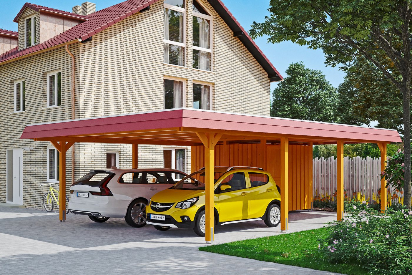 Thumbnail - Skanholz Doppelcarport Wendland, BxT: 630x879 cm, 216 cm Einfahrtshöhe, mit Abstellraum mit Aluminiumdach, rote Blende