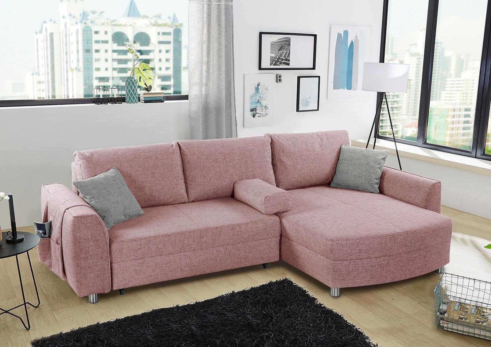 Bettfunktion oder Jockenhöfer Ecksofa links mit rechts rosa Bettkasten, Gruppe mane Trevi, montierbar und