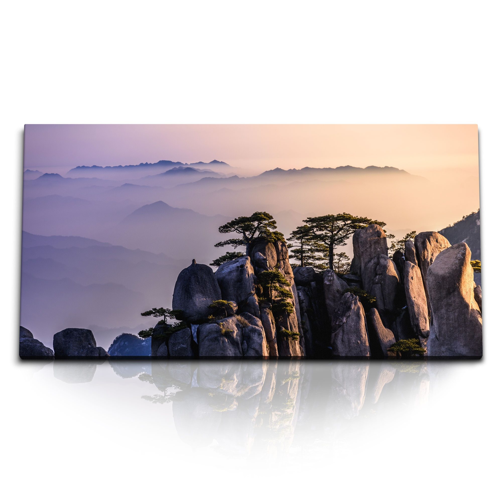 Sinus Art Leinwandbild Kunstdruck Bilder 120x60cm Huang Shan Gebirge Berge Natur Nebel China, (1 St)