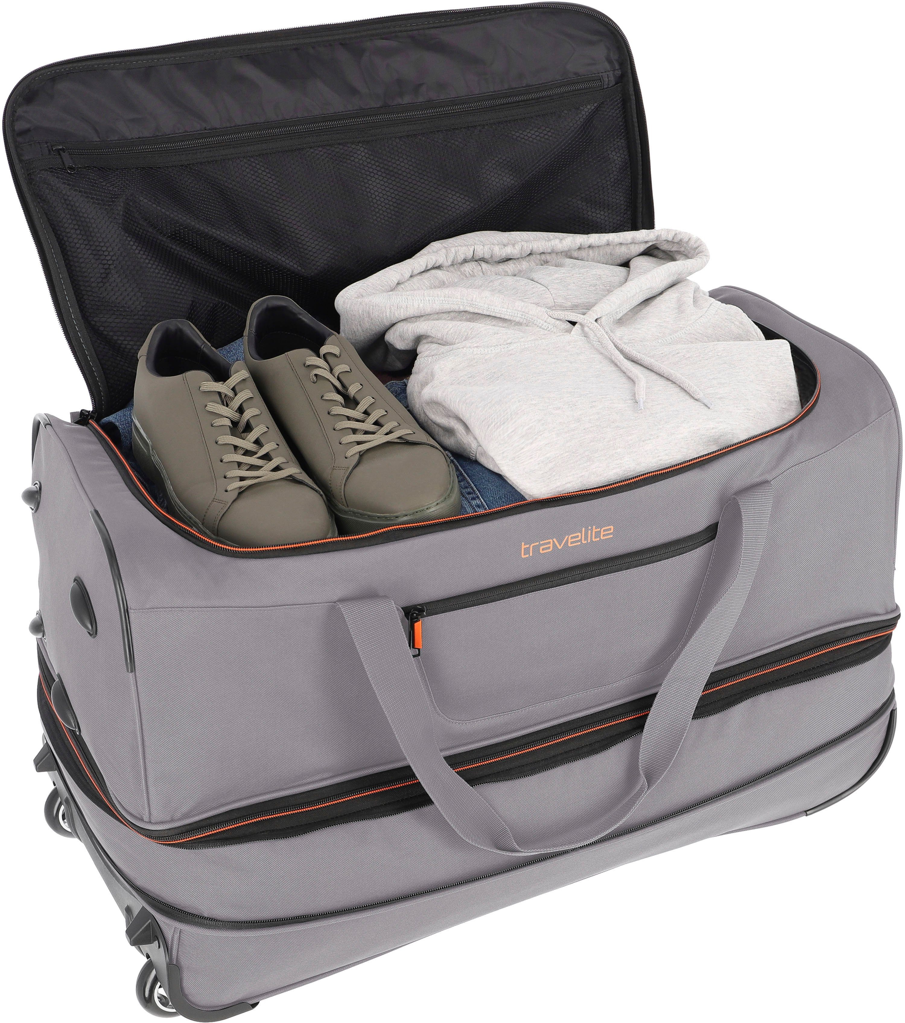 70 travelite Reisetasche mit Basics, Volumenerweiterung grau/orange, Trolleyfunktion cm, und