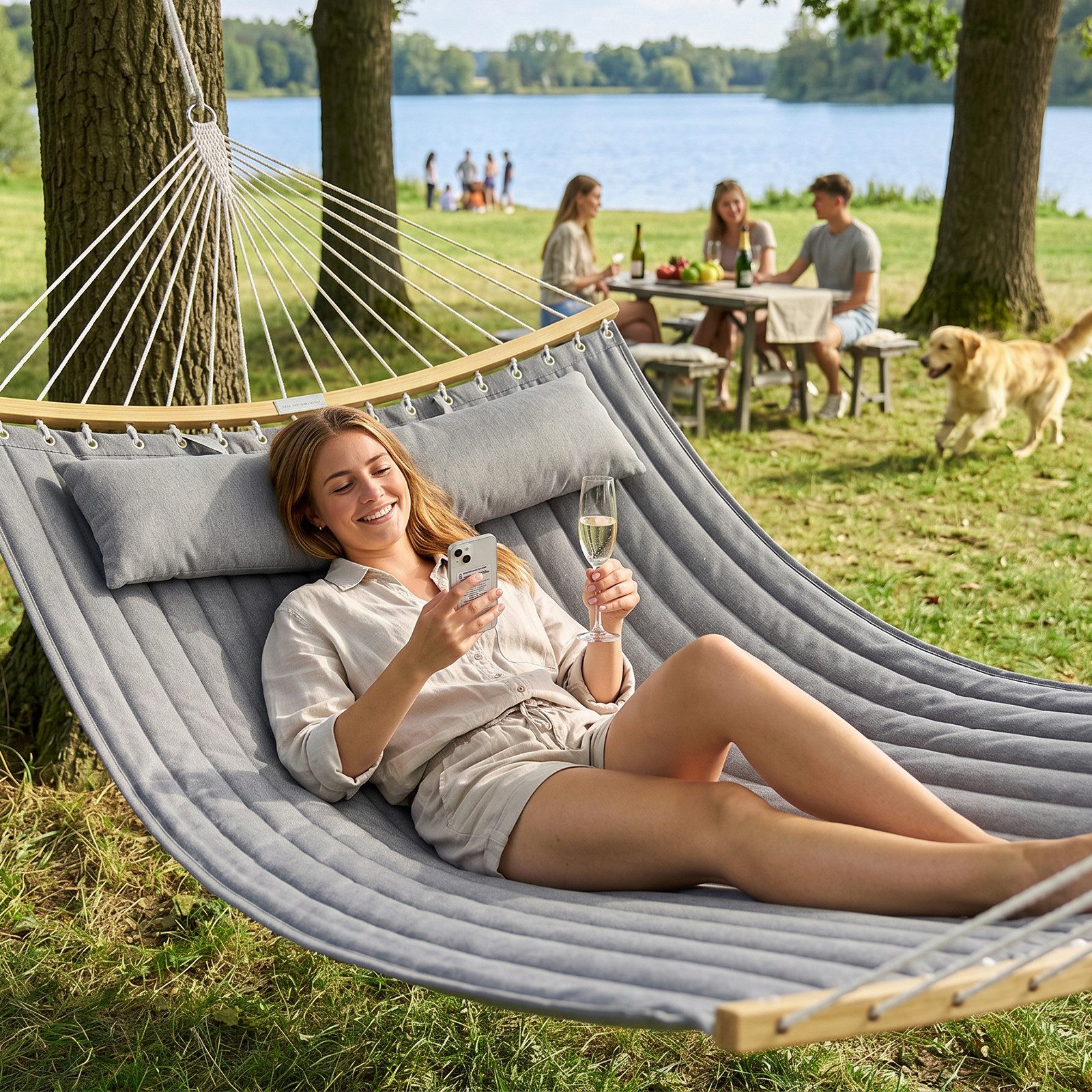 Sekey Hängematte Doppelhängematte mit Kissen, bis 200 kg belastbar für 2 Personen, XXL Hängesessel Doppel für Garten, Balkon, Camping und Outdoor