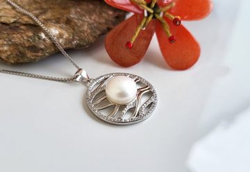 Schöner-SD Perlenkette Perlenanhänger rund mit 10mm großer Süßwasserperle und Silberkette, mit Zirkonia