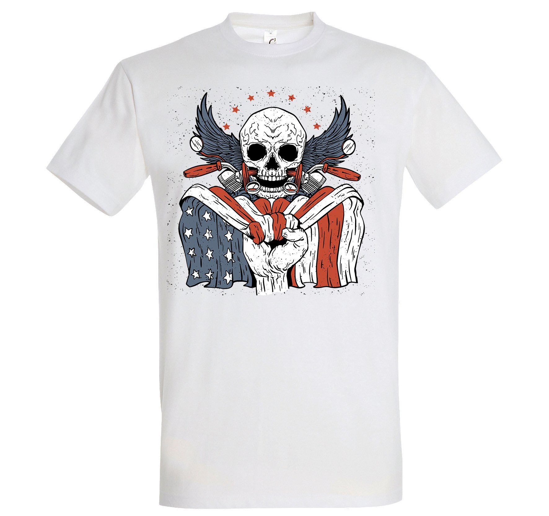 Youth Designz Print-Shirt USA Biker Skull Herren T-Shirt mit lustigem Logo Aufdruck Weiß