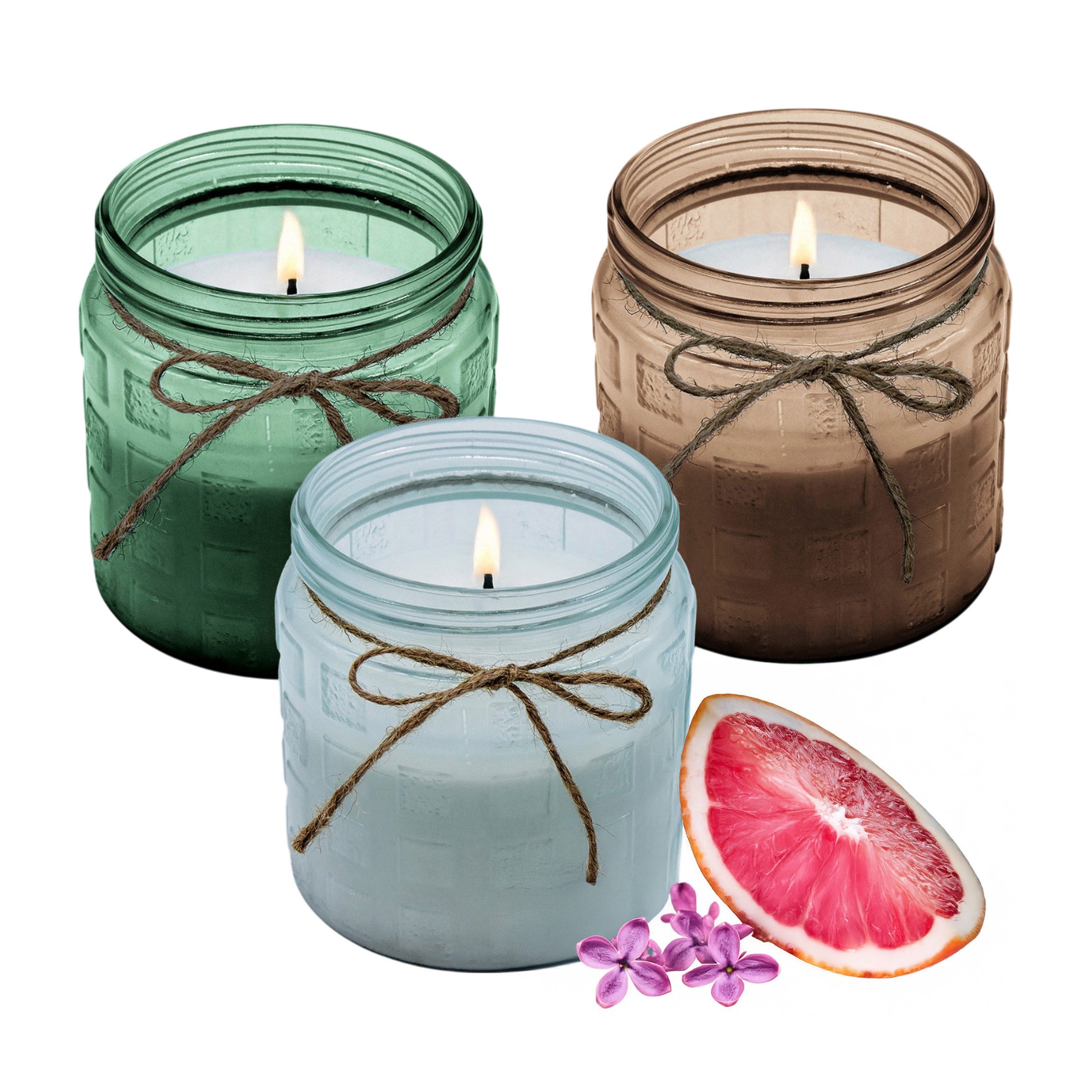 Spetebo Duftkerze XL Kerze im Glas mit Flieder Grapefruit Duft (Set, 3-tlg., Aromakerze), 28 Stunden Brenndauer