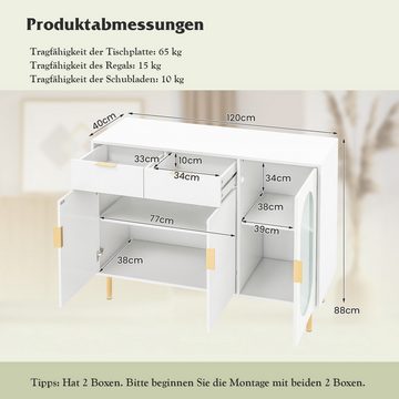 KOMFOTTEU Küchenbuffet Sideboard Küchenschrank, Glastür & Metallbeinen