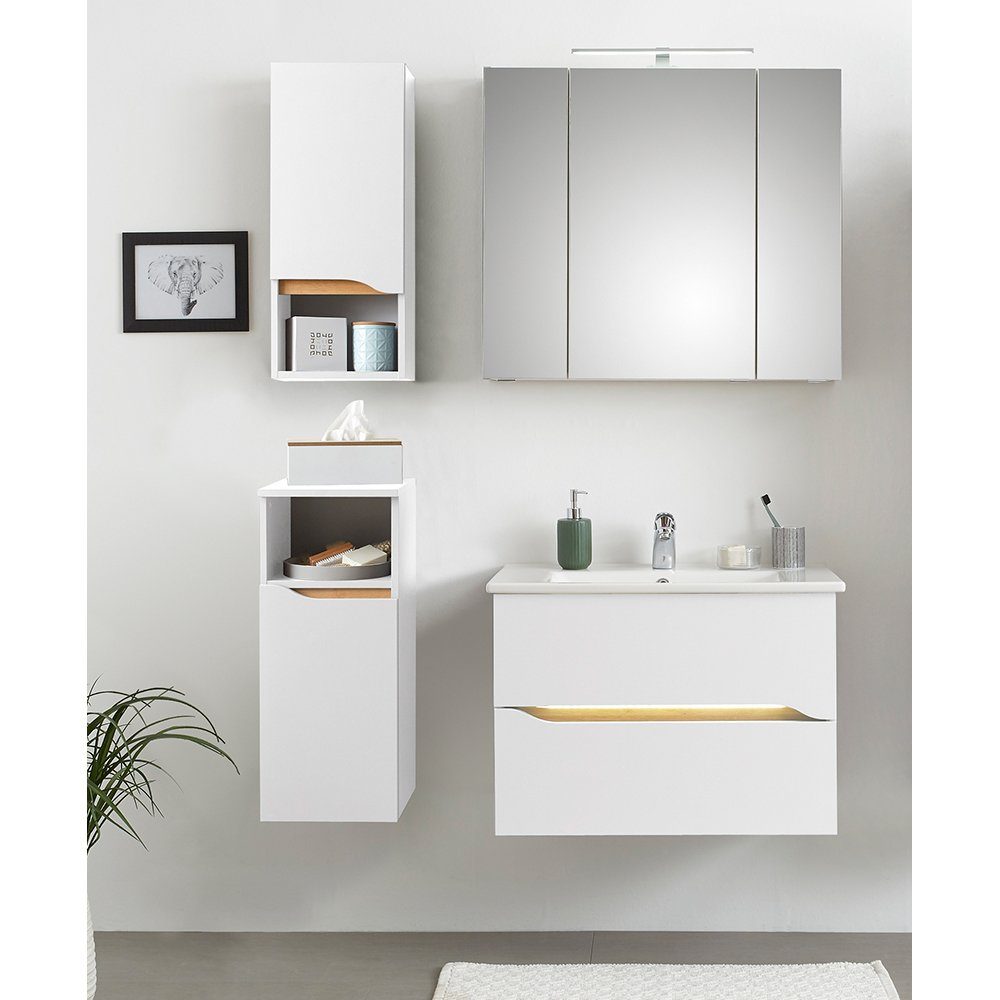 in Lomadox Glanz Spiegelschrank cm Badezimmer mit Weiß breit 80/70/16 QUEIMADOS-66 Aufsatzleuchte 80cm