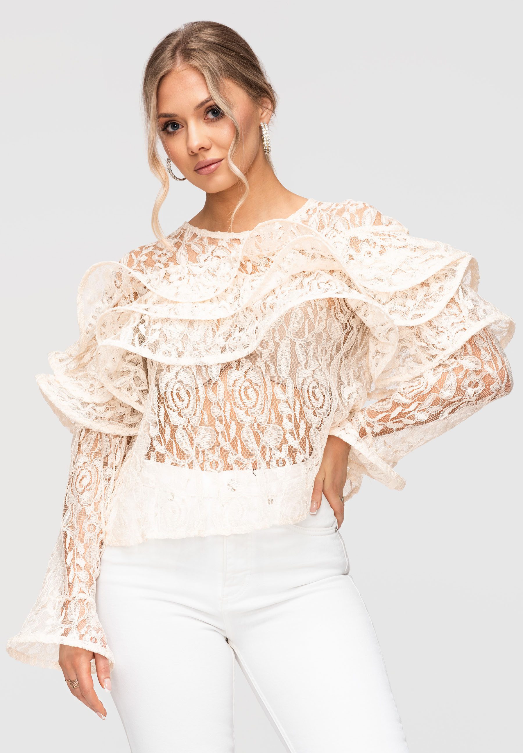 OMBRE Langarmbluse Damen Bluse Spitze Rüschen Elegant Ecru ONESIZE (kein Set, 1-tlg) Ajour-Spitze, mehrlagige Rüschen