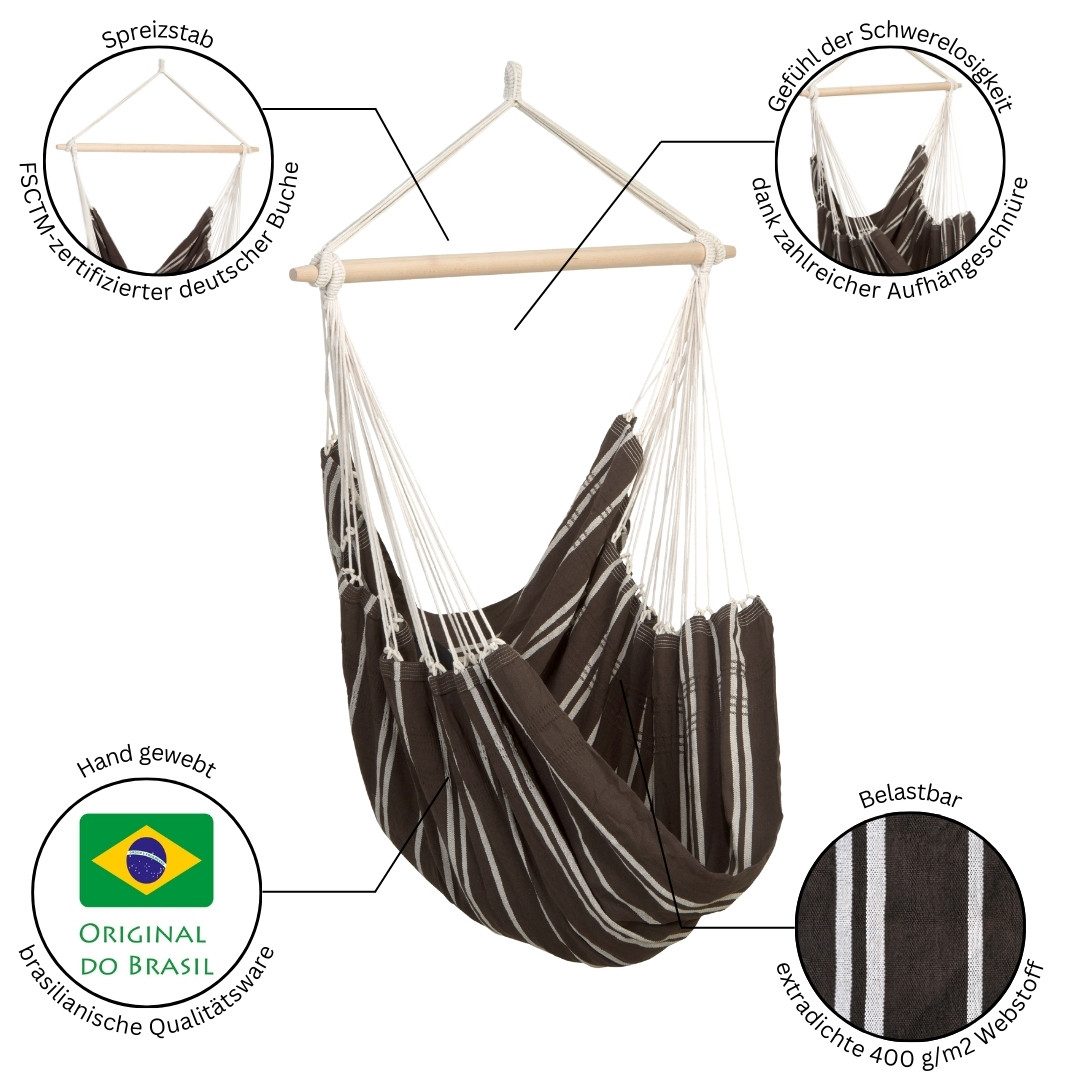 Amazonas Hängesessel Brasil KingSize Hängestuhl (Belastbarkeit 150 kg, Handgefertigt, aus recycelten Materialien), Große Sitzfläche