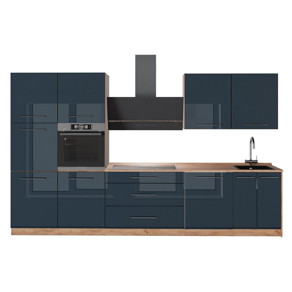 Vicco Küchenzeile Fame-Line, Dunkelblau Hochglanz/Goldkraft Eiche, 340 cm, AP Eiche
