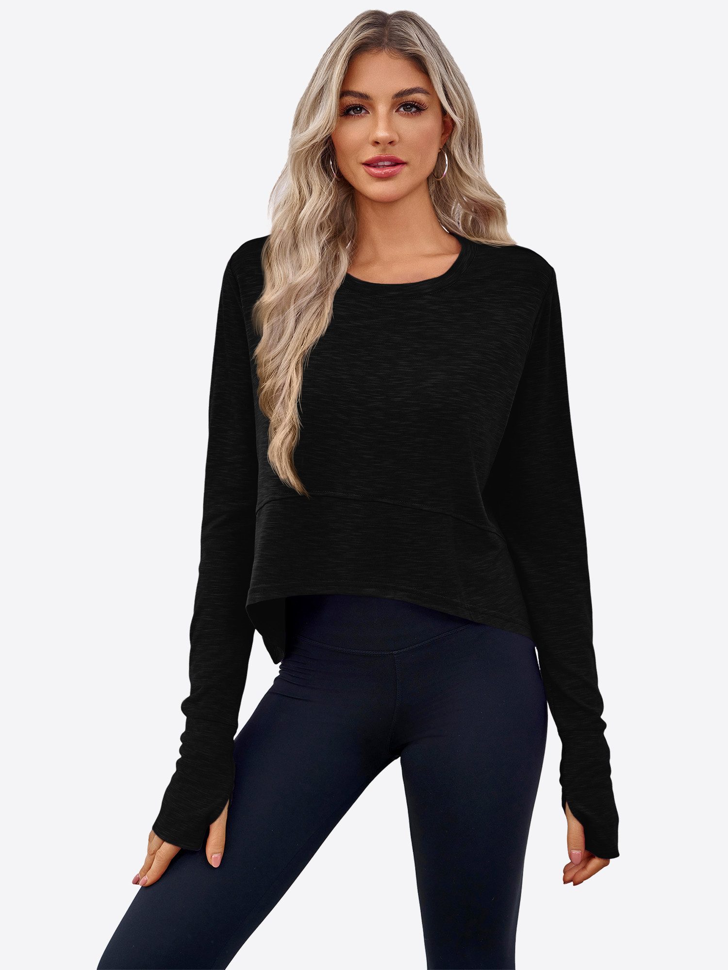 Imily Bela Yoga & Relax Shirt Damen Langärmliges Rundhals Kurzes Hemd (Packung, 1-tlg., 1per-Pack) mit Daumenlöchern