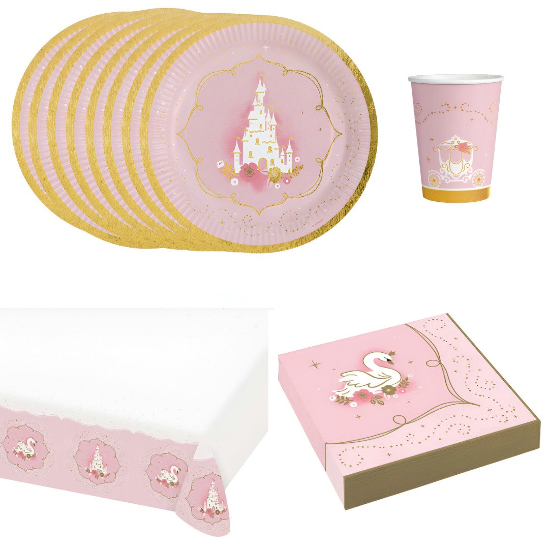 Amscan Kindergeschirr-Set Schwan Schloß Geburtstag Deko Set 33 tlg. Partyset Tischdecke (33-tlg), 8 Personen