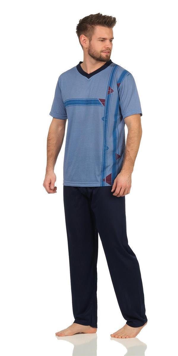 EloModa Pyjama Herren Sommer Lange Blau V- 2XL M (2 XL Schlafhose L Pyjama T-shirt; tlg)