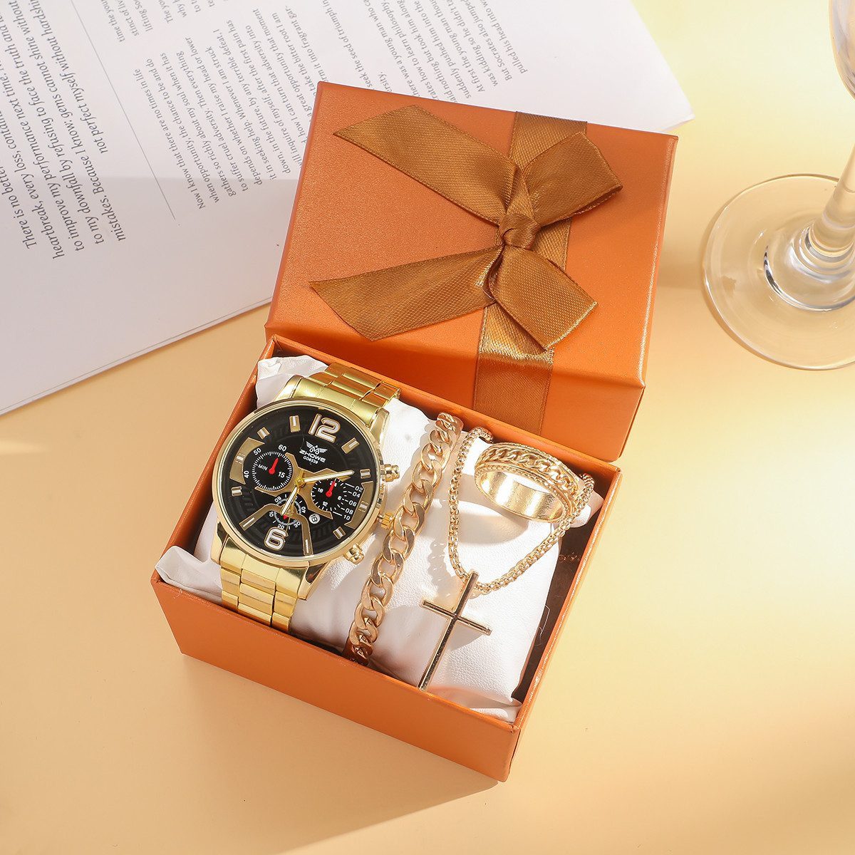 Quarzuhr Herren Geschenkset Edel Luxus Armbanduhr (Quarz) mit Schmuck-Set