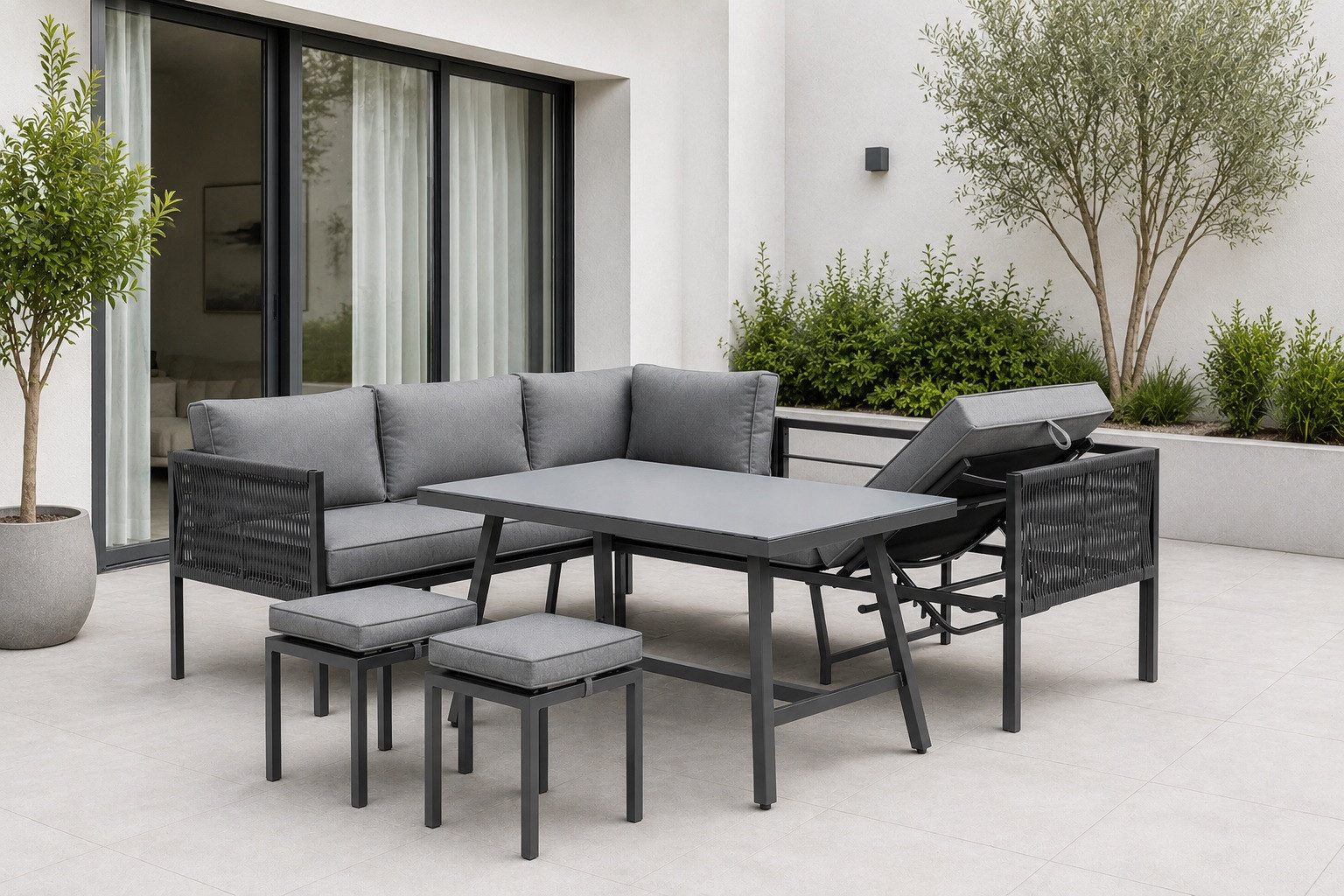 Gardissimo Gartenlounge-Set Aruba Gartenmöbelset / Dining Lounge Set Alu, (Set, 4-tlg., Alu, Ecklounge, Esstisch, 2 Hocker, inkl. Auflagen), UV-beständig / verstellbare Liegefläche / flexibel aufstellbar