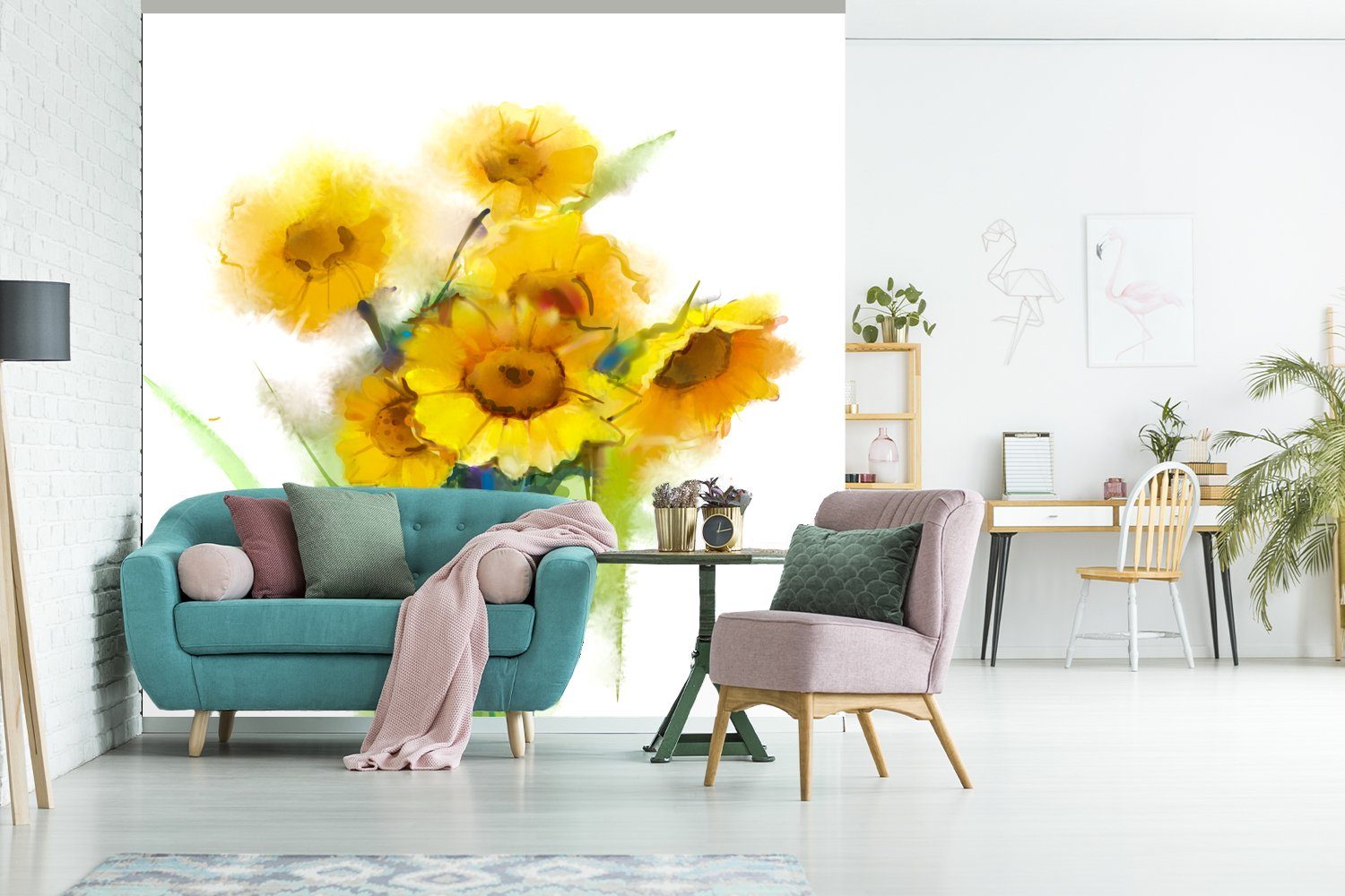 MuchoWow Fototapete Ölfarbe - - St), Farben, (4 Küche, Sonnenblumen Fototapete Schlafzimmer für Wohnzimmer bedruckt, Vliestapete Matt