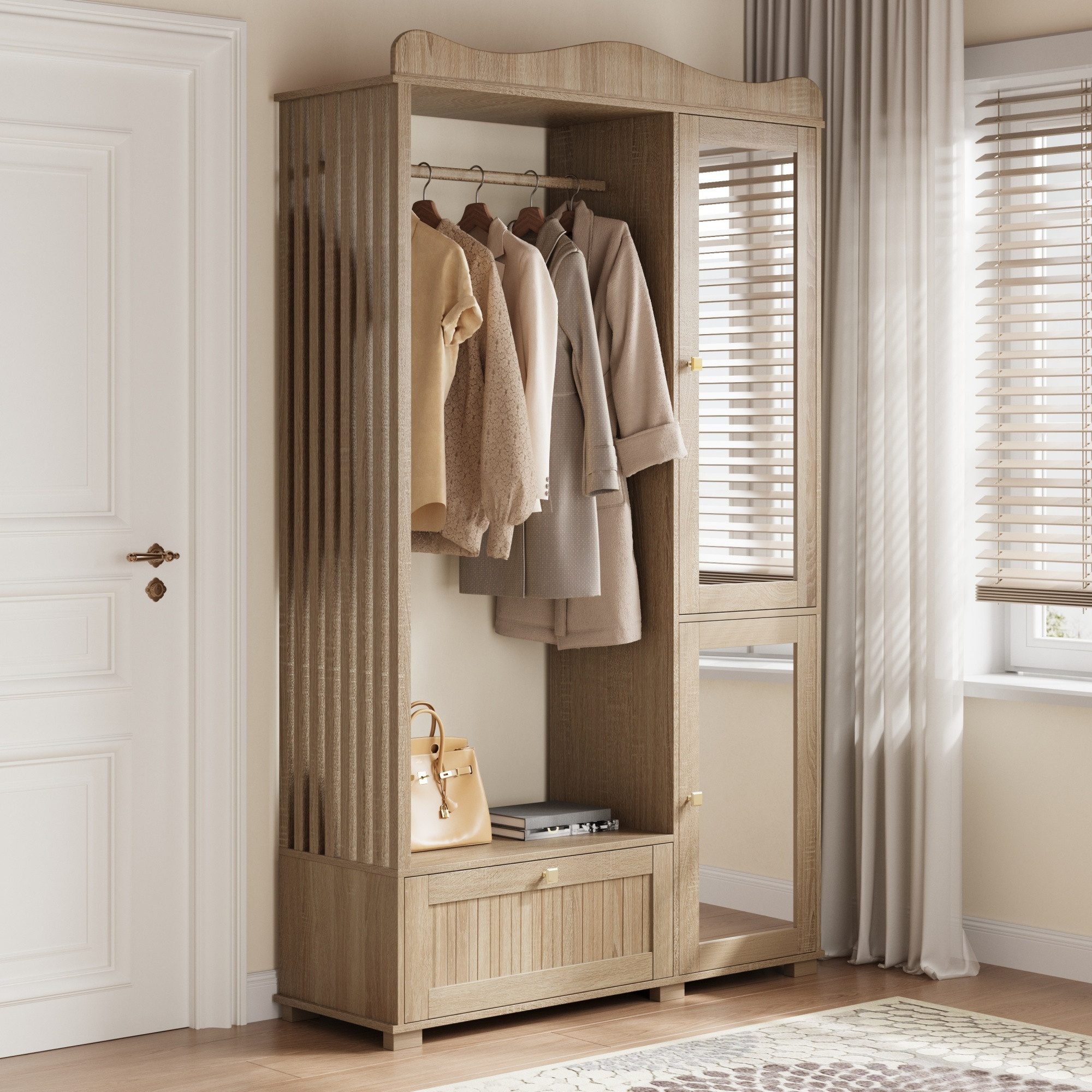 Merax Garderobenschrank mit Spiegel und Offener Kleiderständer, 115,5×38,5×194,5cm (1-St) Kompaktgarderobe mit Schublade & 2 Türen für Schlafzimmer und Flur