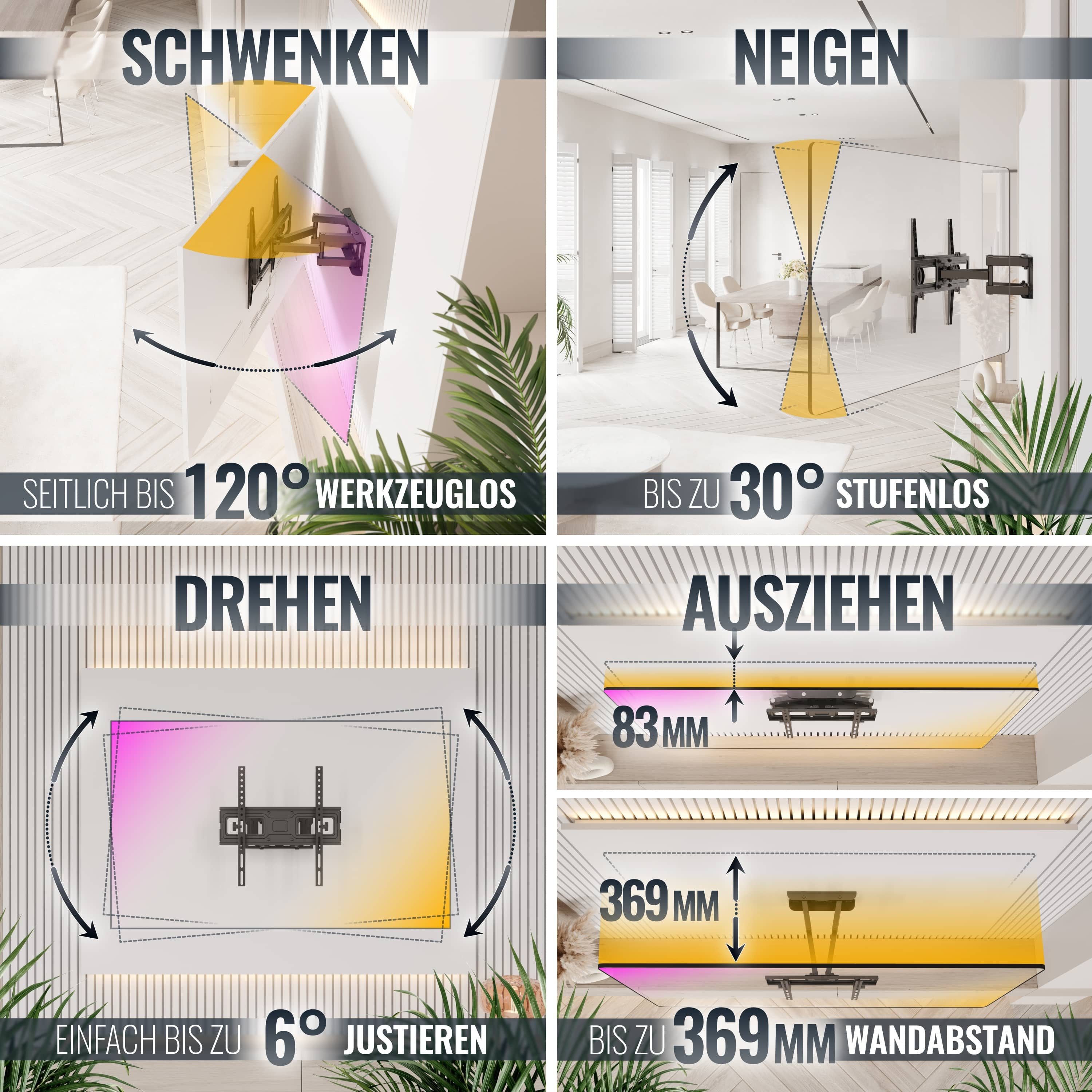 RICOO TV-Wandhalterung TV Wandhalterung 43 47 50 55 60 65 Zoll max 45 Kg schwenkbar S6244, (bis 65 Zoll, VESA 200x200 bis 400x400, 1-tlg., vollbeweglich ausziehbar neigbar ausziehbar 40" bis 65" Halterung, bis 15° Neigung, bis zu 120° Schwenkung Fernseher Halter universal)