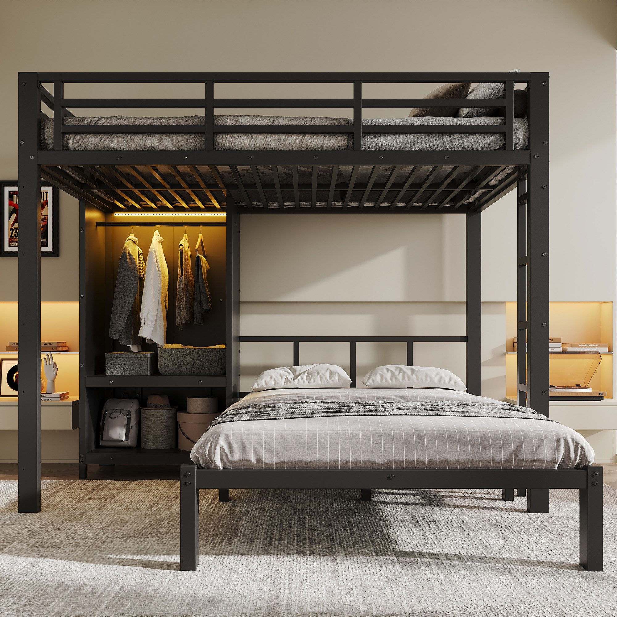 Flieks Etagenbett, Metallbett 120x200cm mit gerader Leiter, Kleiderschrank mit LED-Leiste