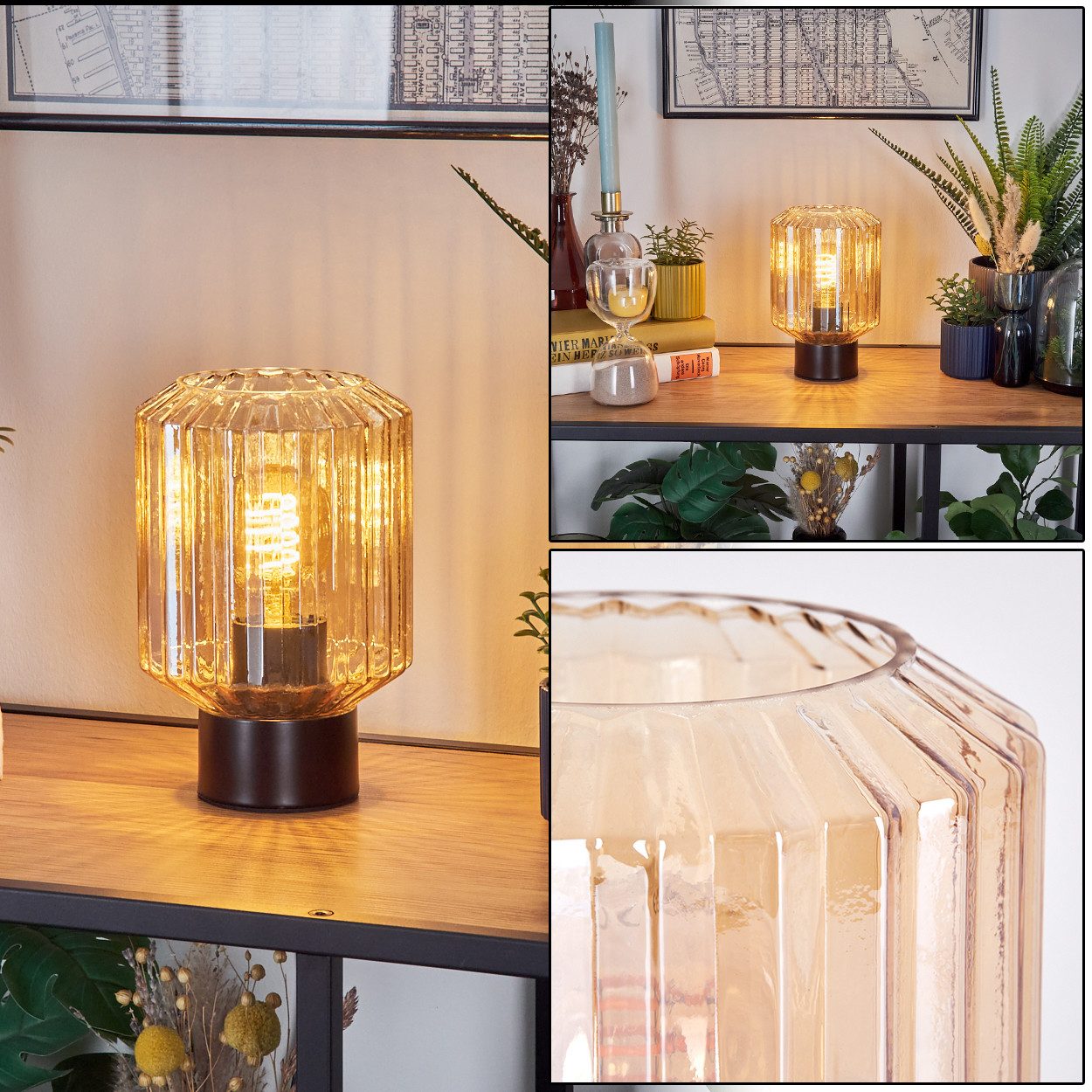 hofstein Tischleuchte Tischlampe aus Metall/Glas in Schwarz/Bernsteinfarben, ohne Leuchtmittel, mit Glasschirm (13 cm) u. An/-Auschalter, 1 x E27, ohne Leuchtmittel