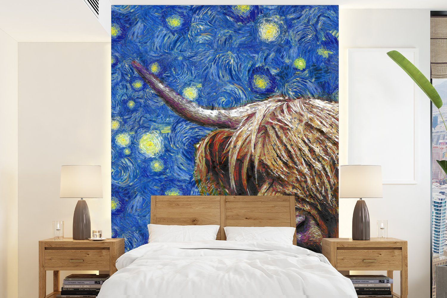 MuchoWow Fototapete Scottish Highlander - Sternennacht - Van Gogh, Matt, bedruckt, (4 St), Montagefertig Vinyl Tapete für Wohnzimmer, Wandtapete