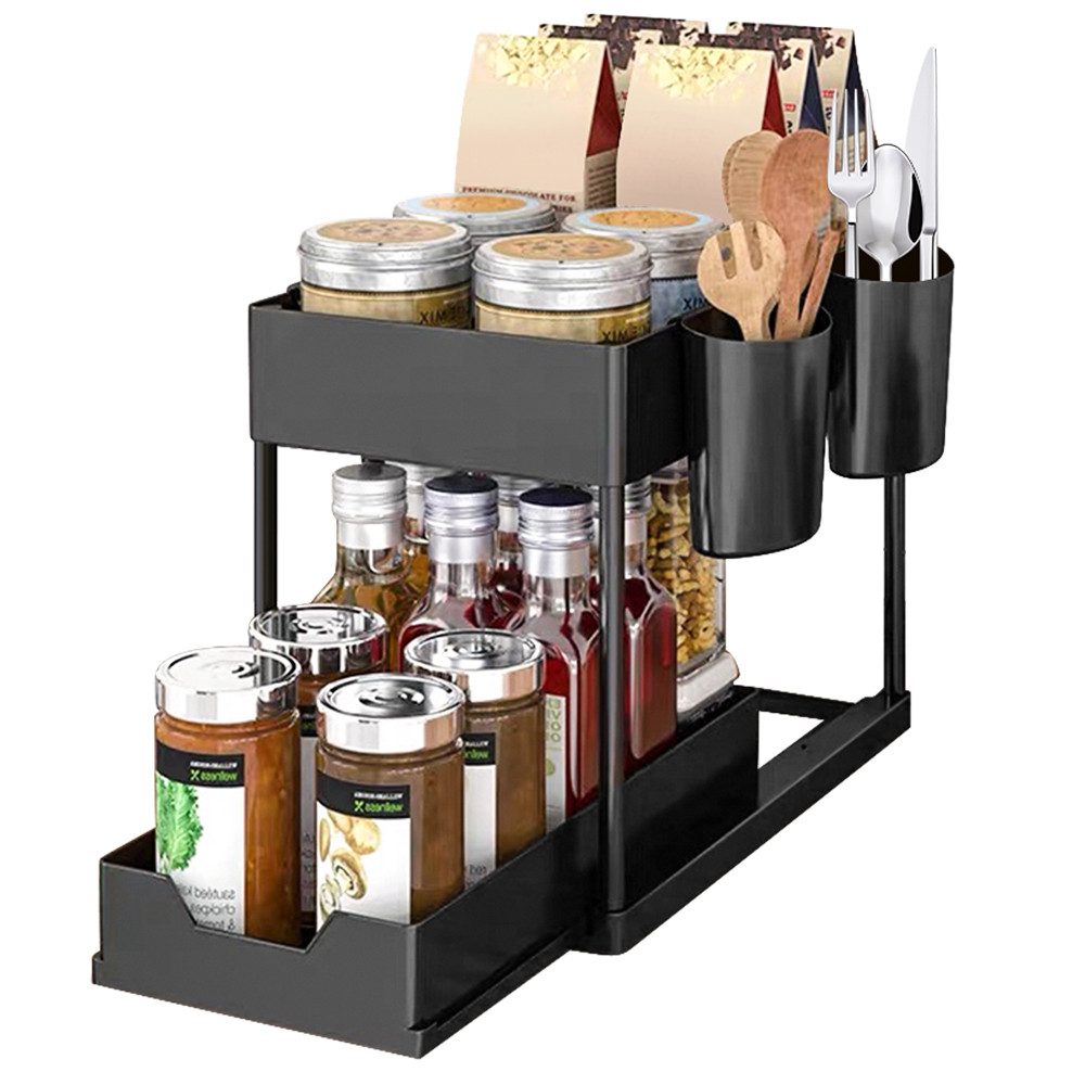 JEOBEST Küchenregal Küchen Organizer, Spülschrank Organizer, Küchen Gewürzregal, 2 Etagen Unter Waschbecken Regal mit 4 Haken &2 Tassen