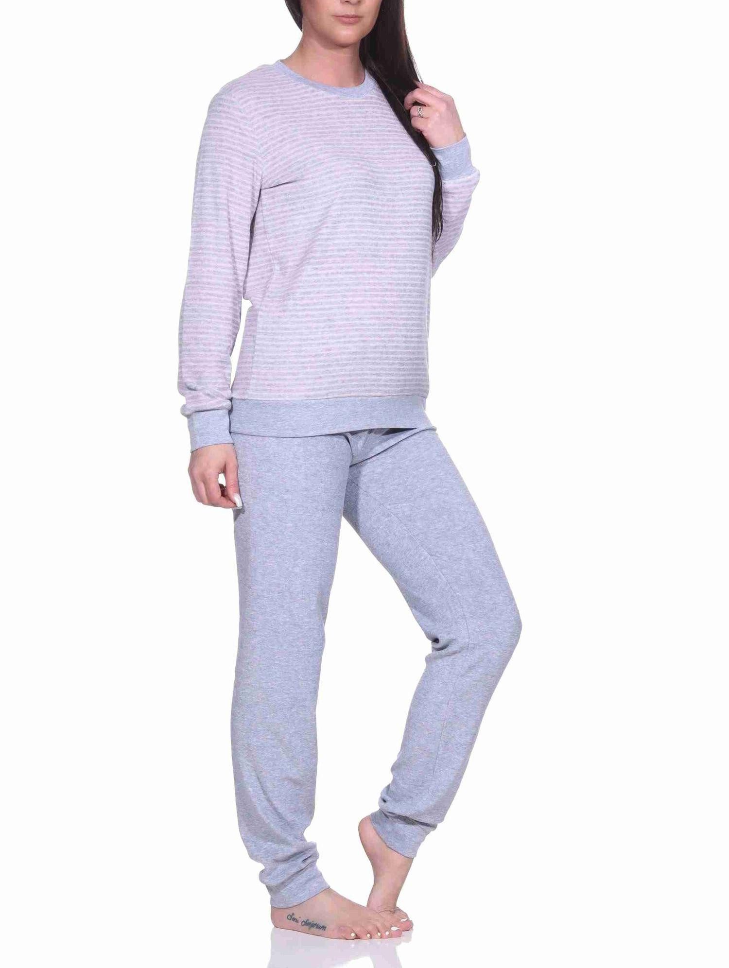Normann Pyjama Damen Frottee Pyjama langarm mit Bündchen in Streifenoptik – Bild 2 von 5