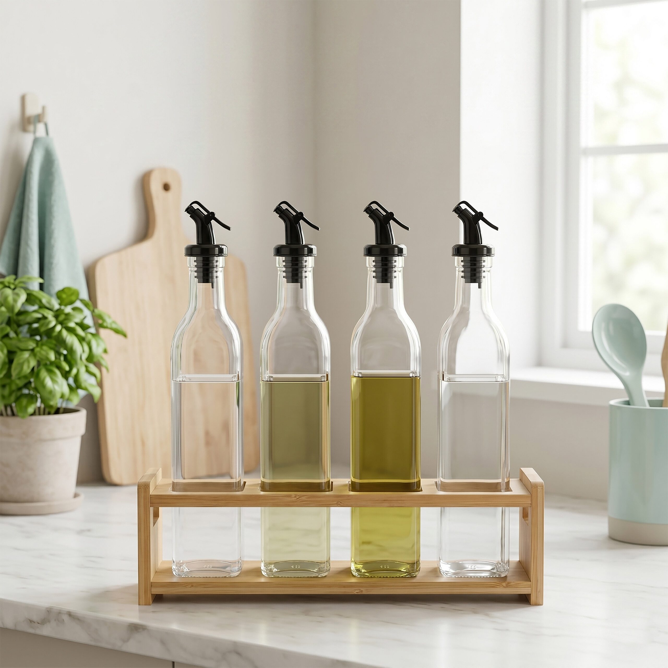 relaxdays Ölspender Öl Flasche mit Bambsuregal 4er Set, (4-tlg) – Bild 3 von 5