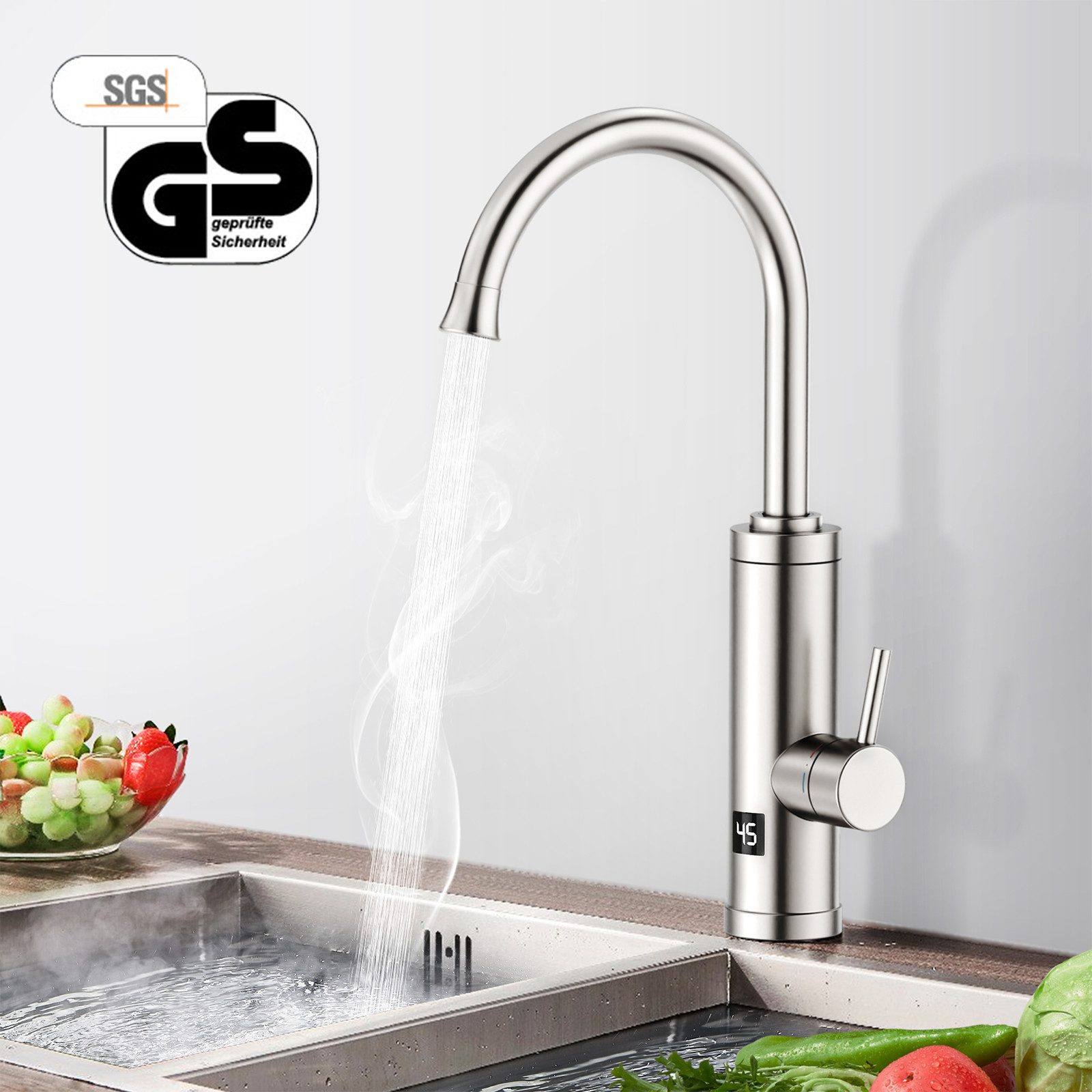 HOMELODY Küchenarmatur Elektrischer Wasserhahn mit Durchlauferhitzer und Digitalanzeige 3300W Sofort Warmwasserhahn für Küche aus Edelstahl mit G3/8 Anschluss