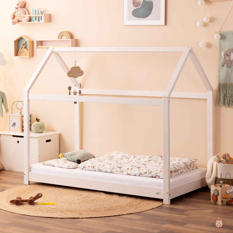 Alcube Hausbett HOLMI I BESTSELLER! Top ANGEBOTE I Begrenzte Zeit (Bodenbett 80x160 mit Lattenrost und Dach Montessori Stil aus Massives Kiefernholz), Kinderbett 80x160 Weiß Hausbett für Mädchen & Jungen I Made in Europe