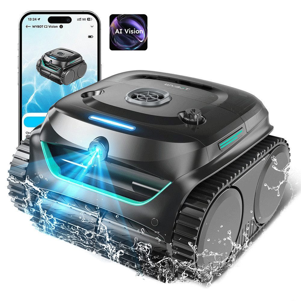 WYBOT Poolroboter C2 Vision kabelloser Poolsauger, Trümmererkennung mit AI-Kamera, (Zweischichtige Filterung, 8-in-1-Reinigungsroboter), bürstenlose Motoren für kraftvolle Saugkraft, für Pools bis zu 180 m²