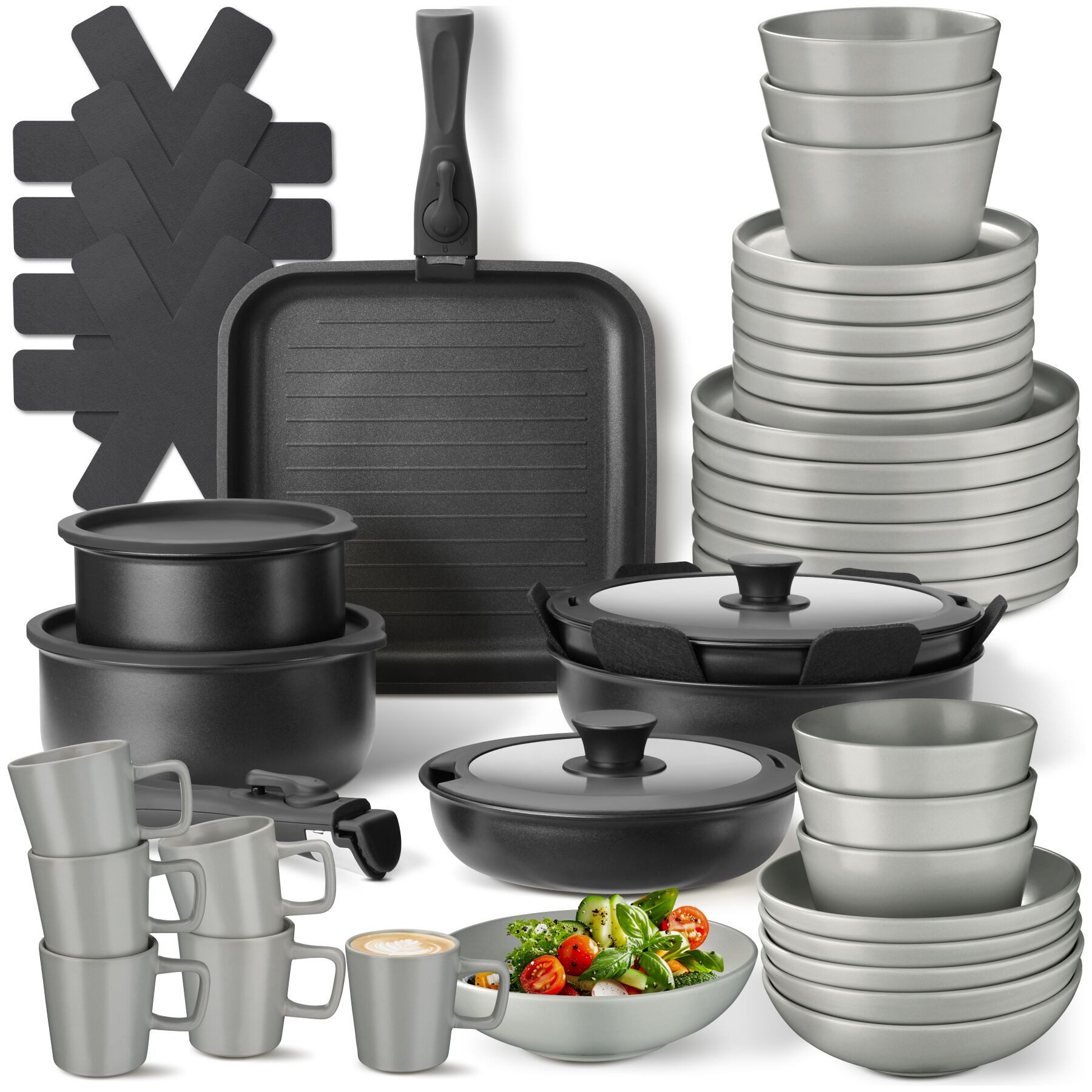 tectake Kochbesteck-Set Küchenstarterset aus Steingut mit Glasur, hitzebeständig und (Geschirrset Una/Parma, 47-tlg., in grau/schwarz), rostfreies Aluminium mit Antihaftbeschichtung, induktionsgeeignet