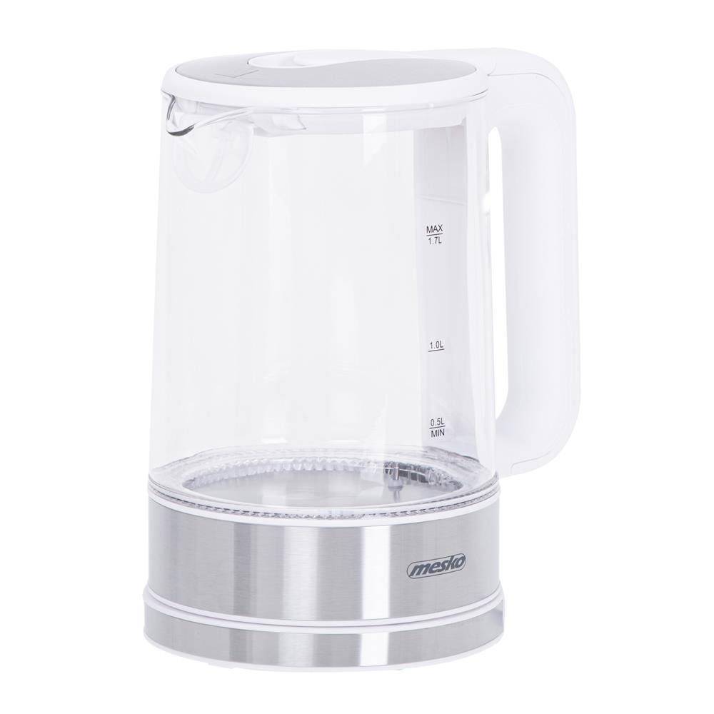 Wasserkocher Edelstahl/Weiß mit Glaskessel MS 1,7 LED-Beleuchtung Liter, Mesko 1301W